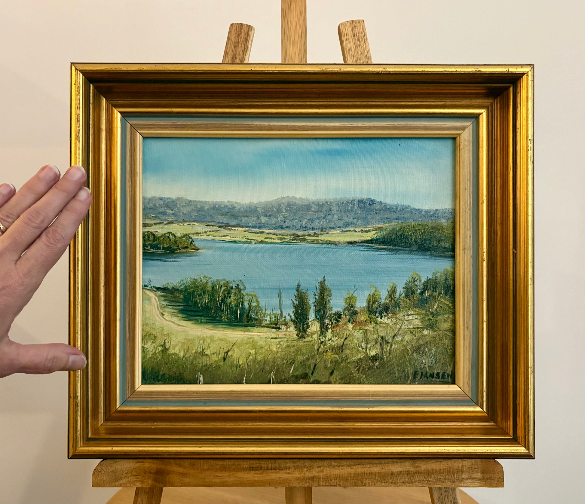 Original Australian landscape painting, vintage framed art, lake