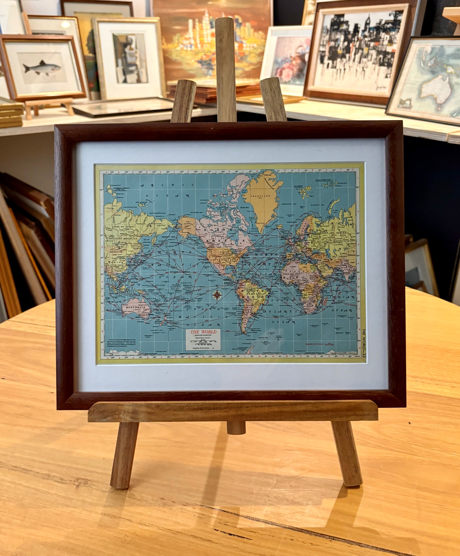 1950s vintage mid century framed map of The World