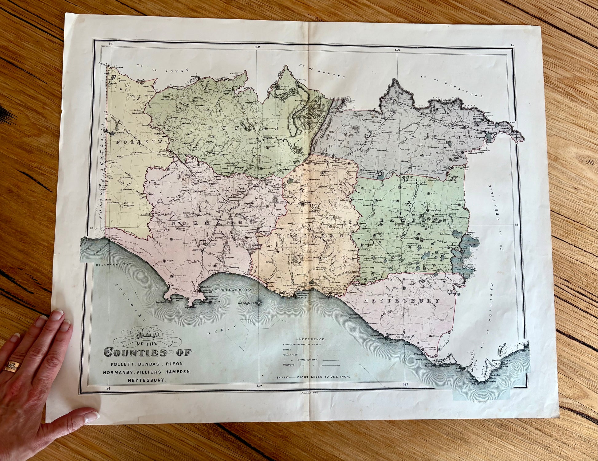 1886 genuine antique large map of Victoria, John Sands, Counties