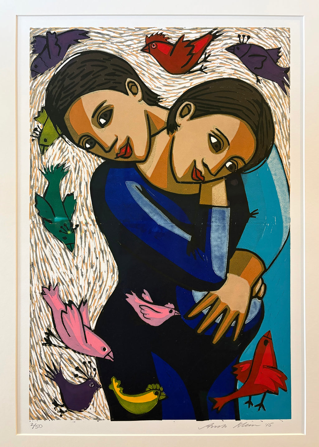 Large original linocut print, Anita Klein, The Birds and the Grandchild, framed art