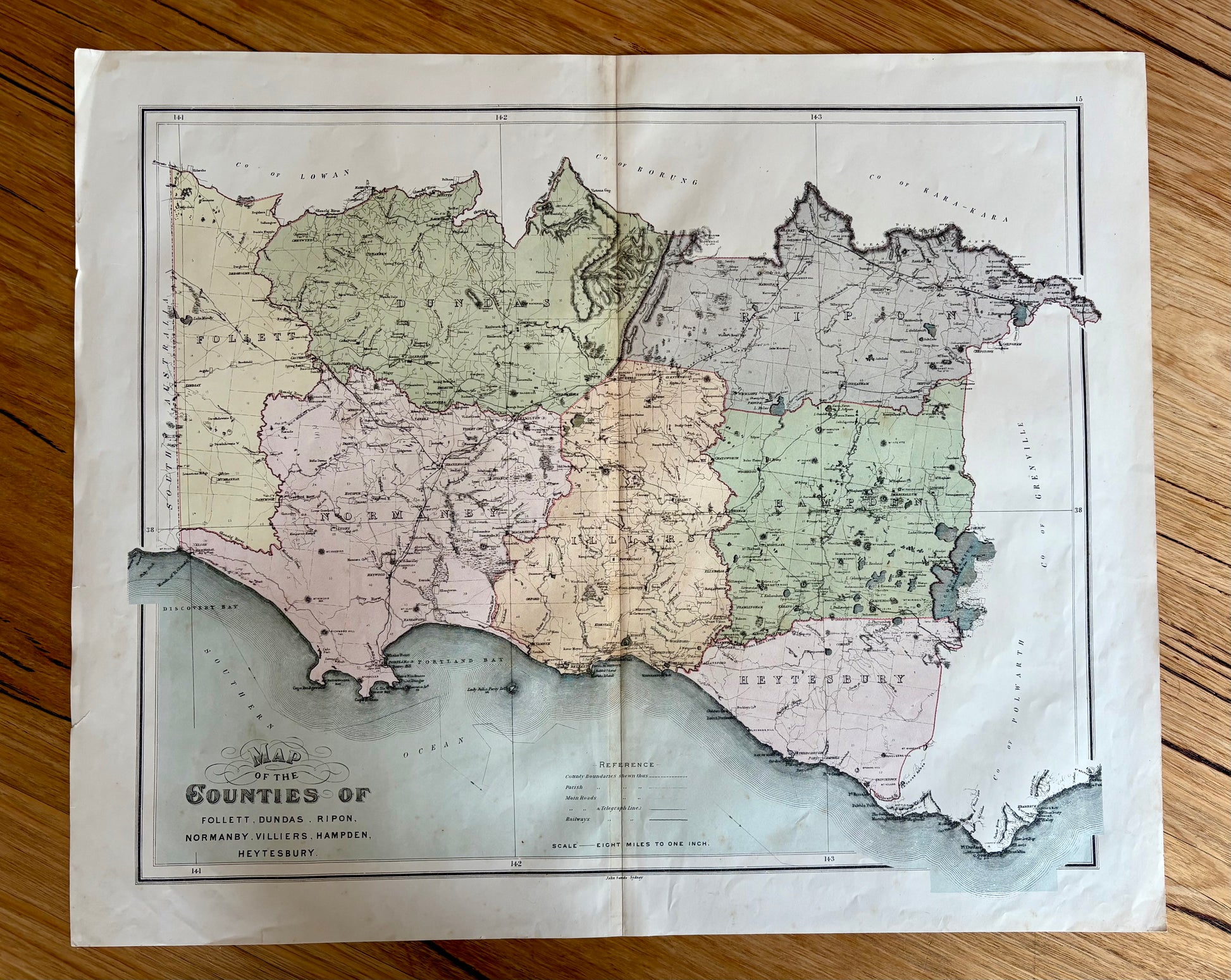 1886 genuine antique large map of Victoria, John Sands, Counties