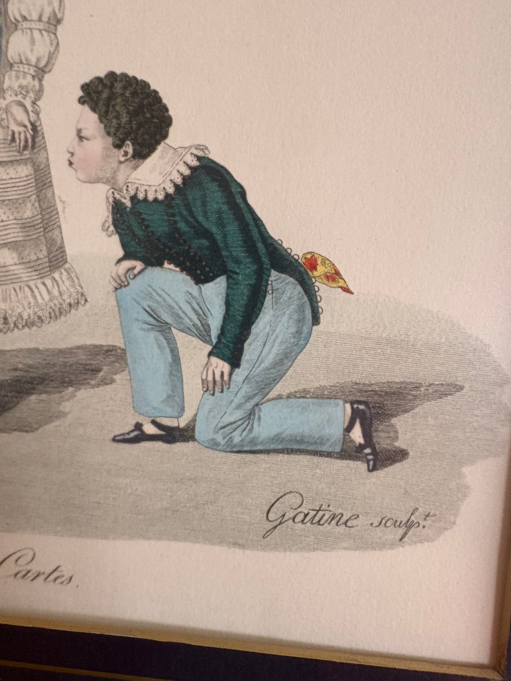 French 1931 engraving, hand coloured, “House of Cards”, antique framed art