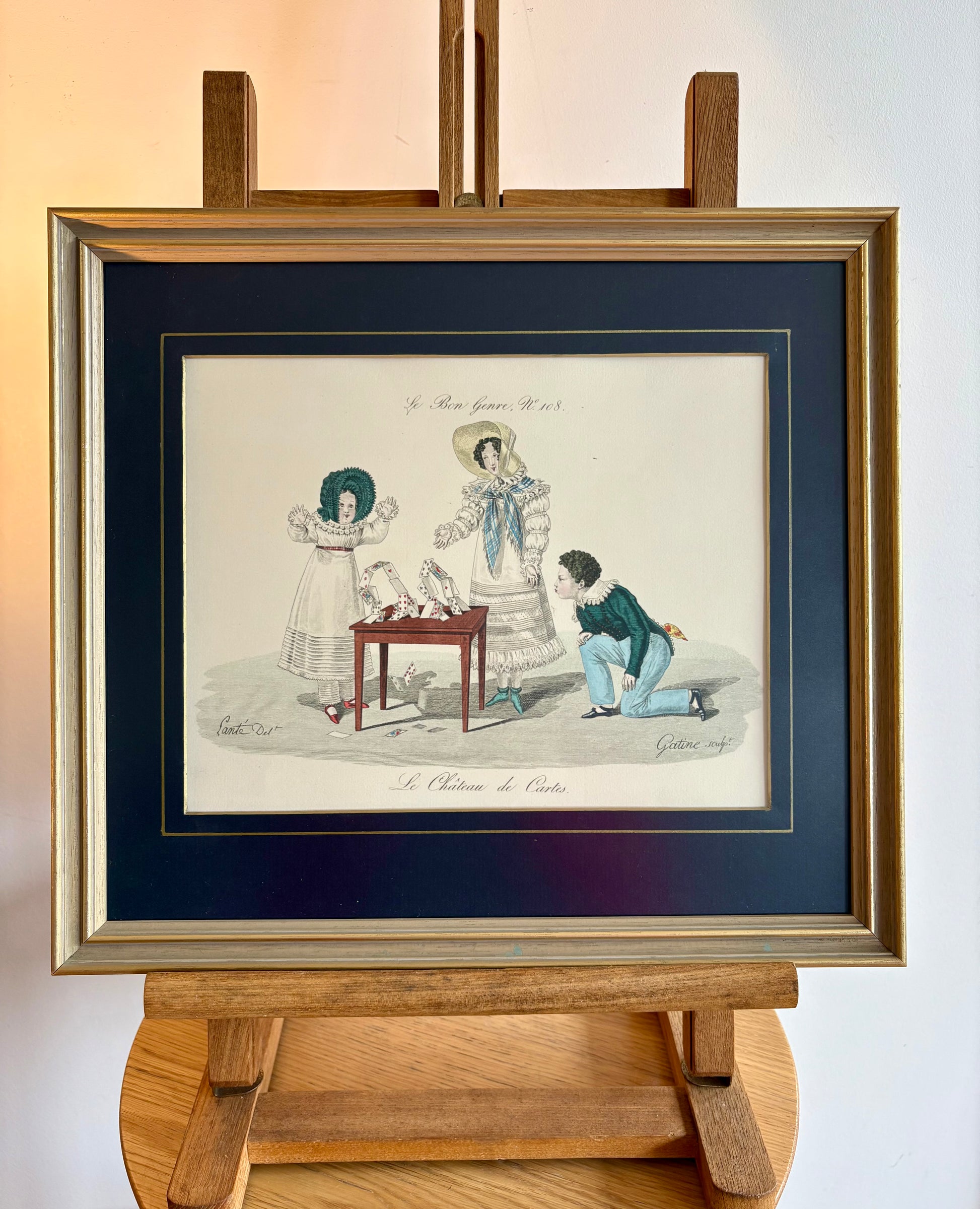 French 1931 engraving, hand coloured, “House of Cards”, antique framed art