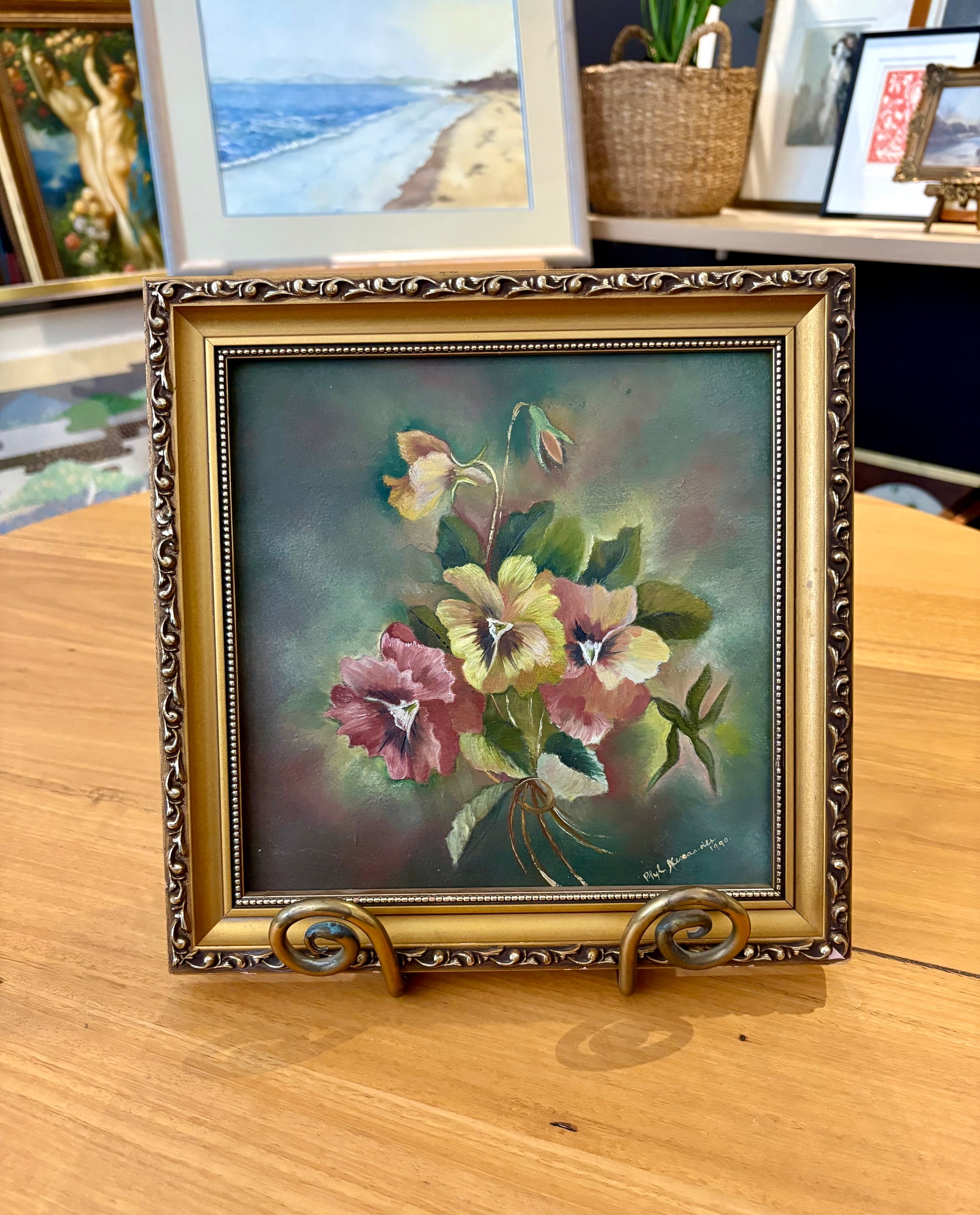 Original oil painting on board, signed, “Pansies”, vintage framed art