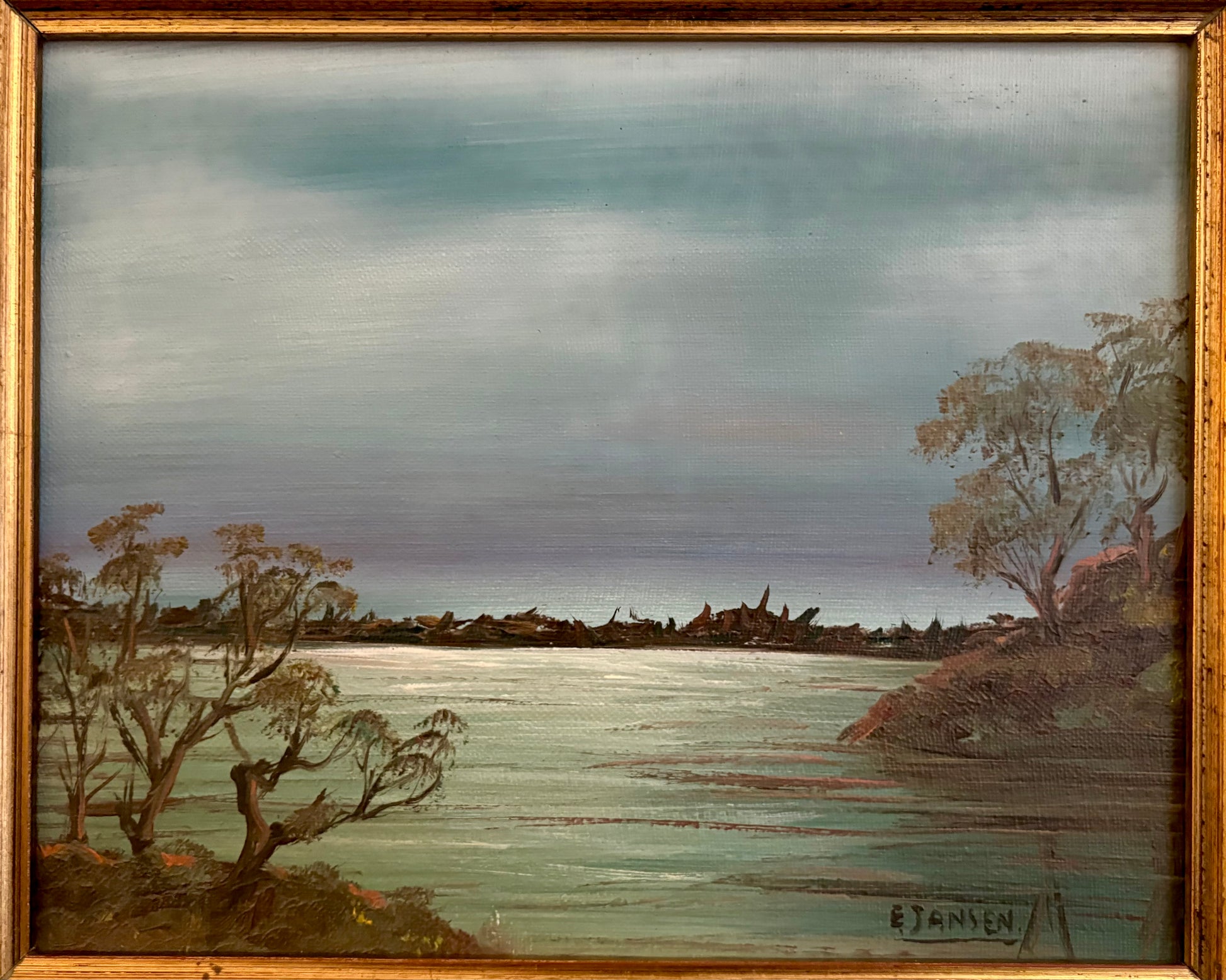 Original Australian landscape painting, vintage framed art, moonlight