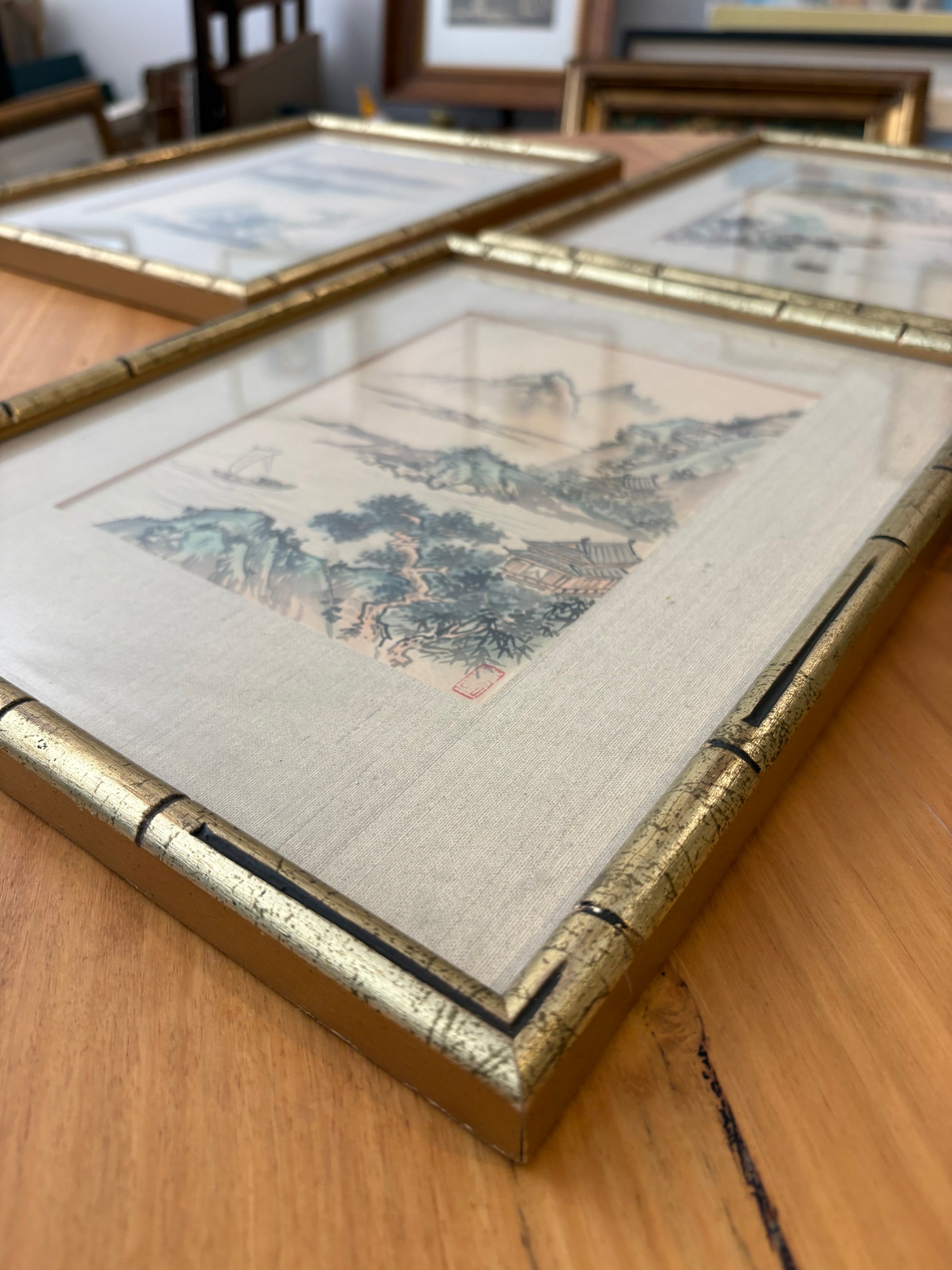 1950s vintage set of 4 Chinese original landscape paintings, framed art