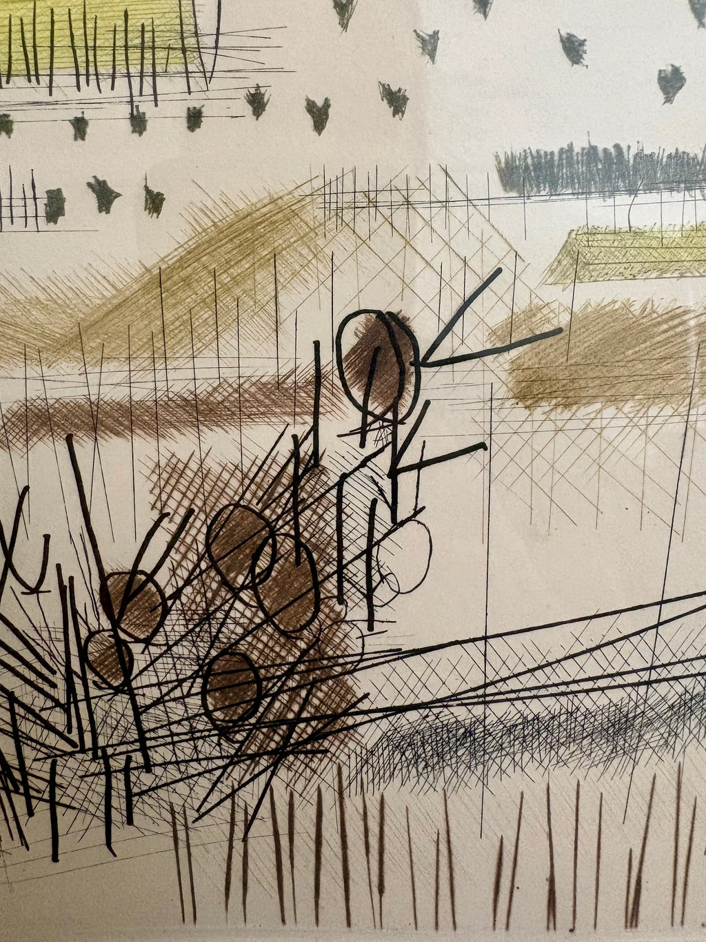 1975 original dry point etching, Marcel Amler, landscape, framed vintage art