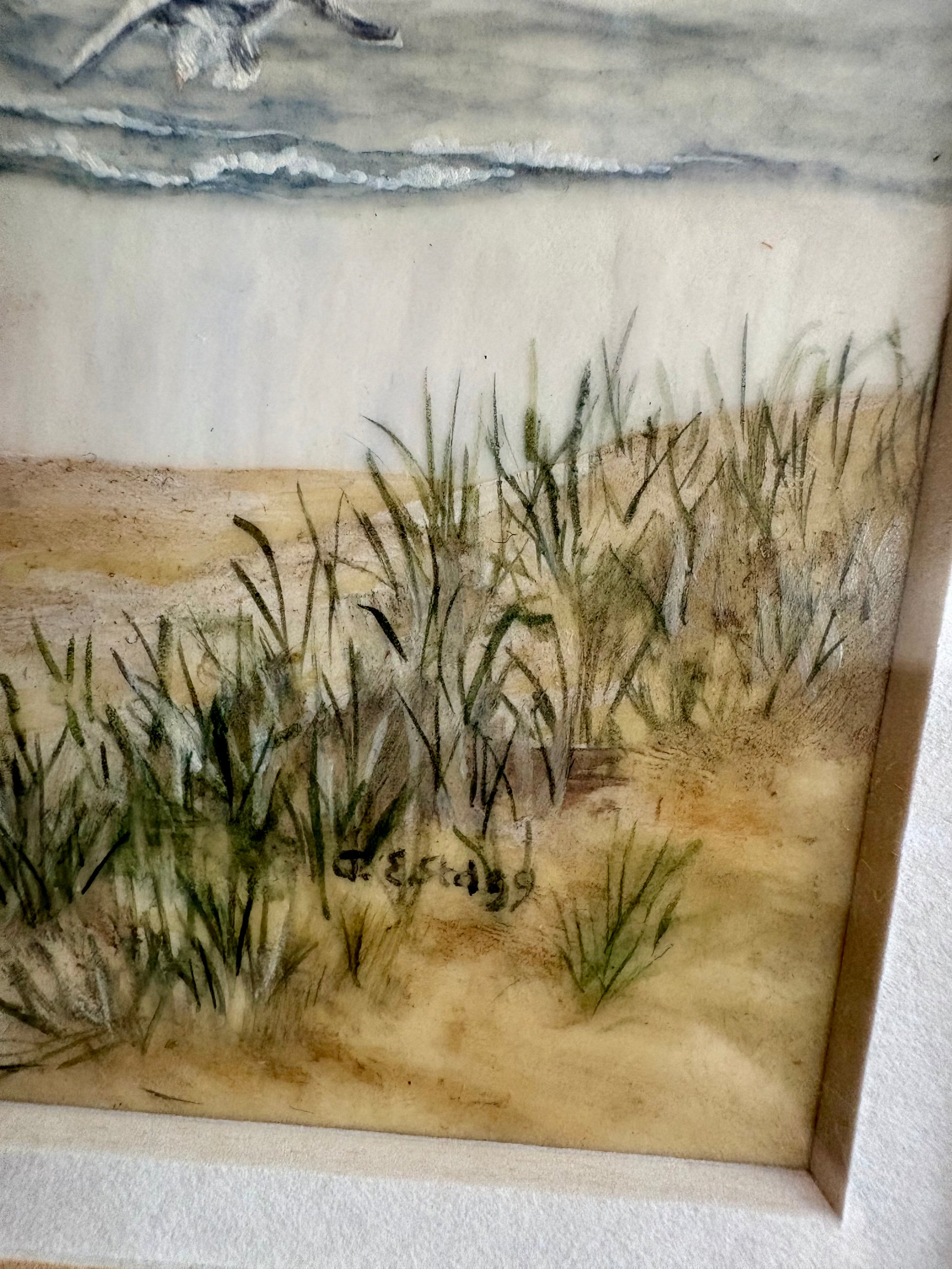 Original Jim Stagg miniature painting, seaside with seagulls, Surrealism, vintage framed art