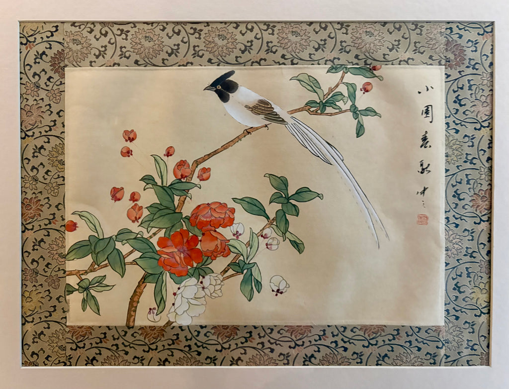 Vintage original Asian painting on silk, bird, flowers, framed art