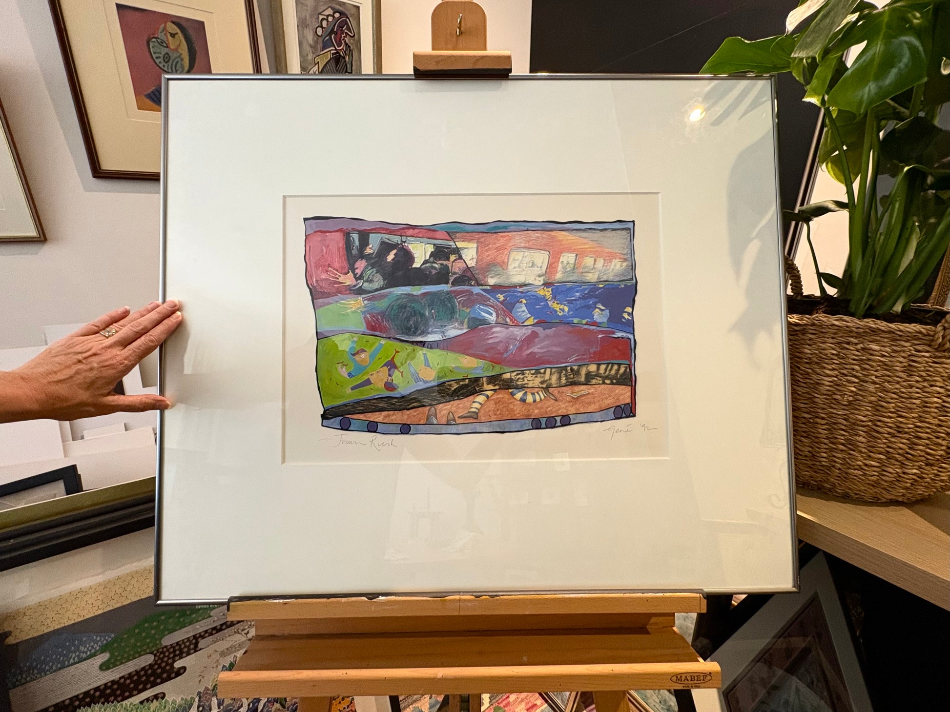 Original mixed media painting, signed, “Train Rush”, 1992, framed vintage art