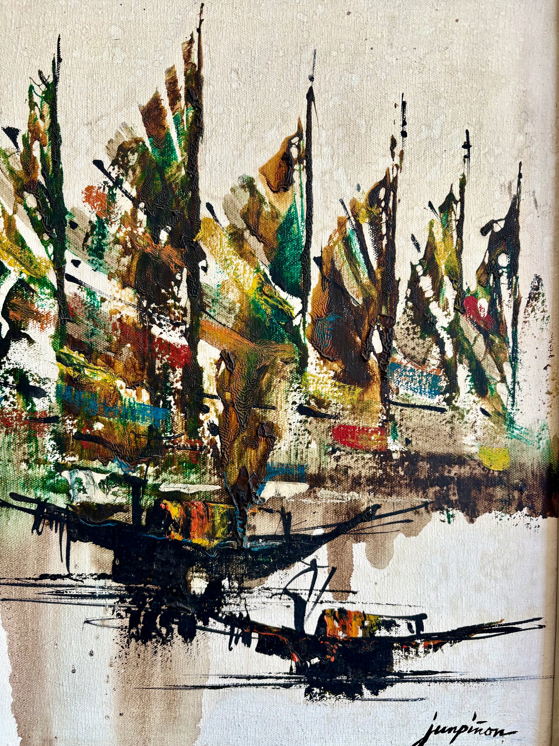 Vintage original painting on canvas, Perfecto Pinon, signed framed artwork, Modernist art