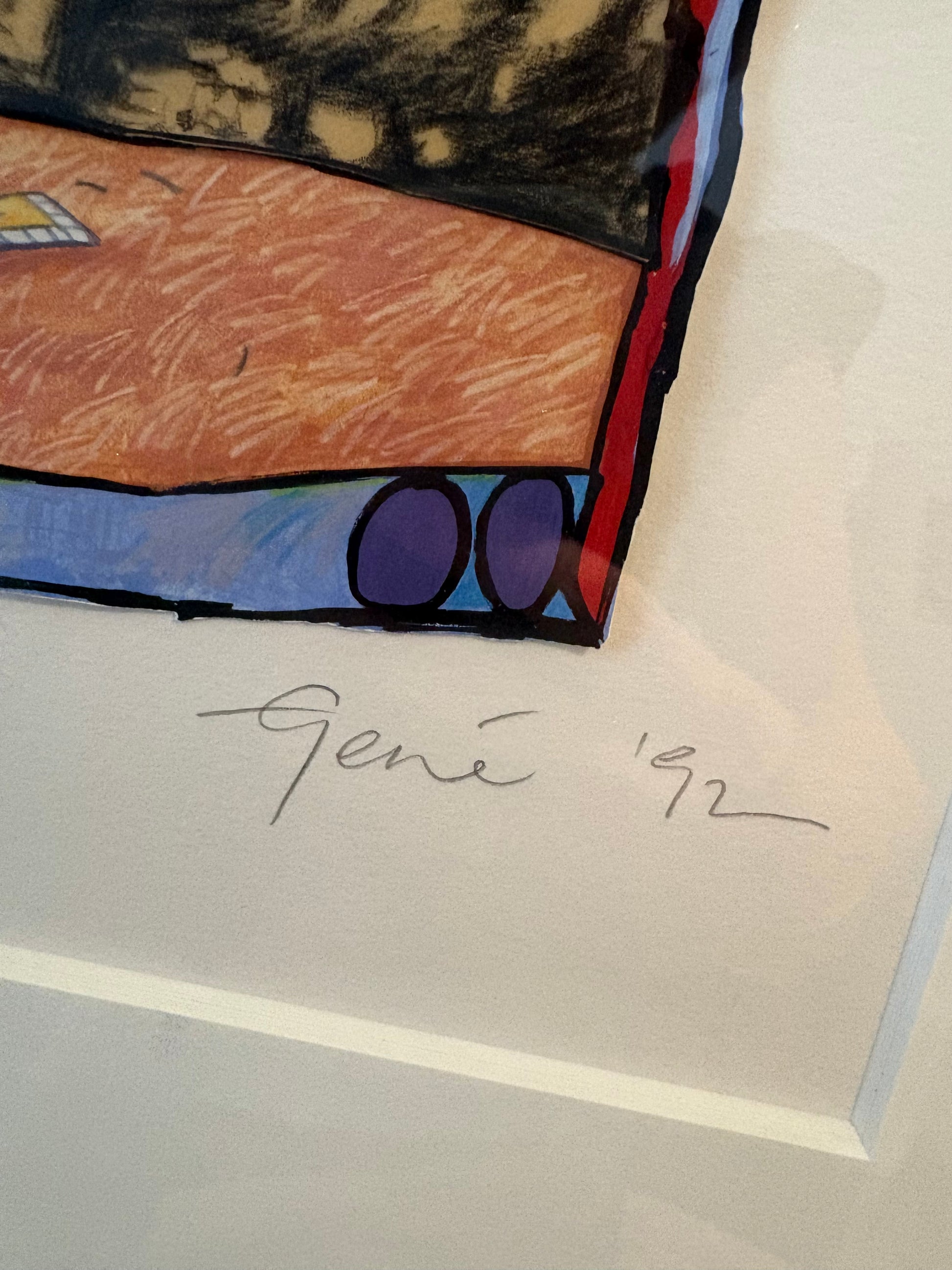 Original mixed media painting, signed, “Train Rush”, 1992, framed vintage art