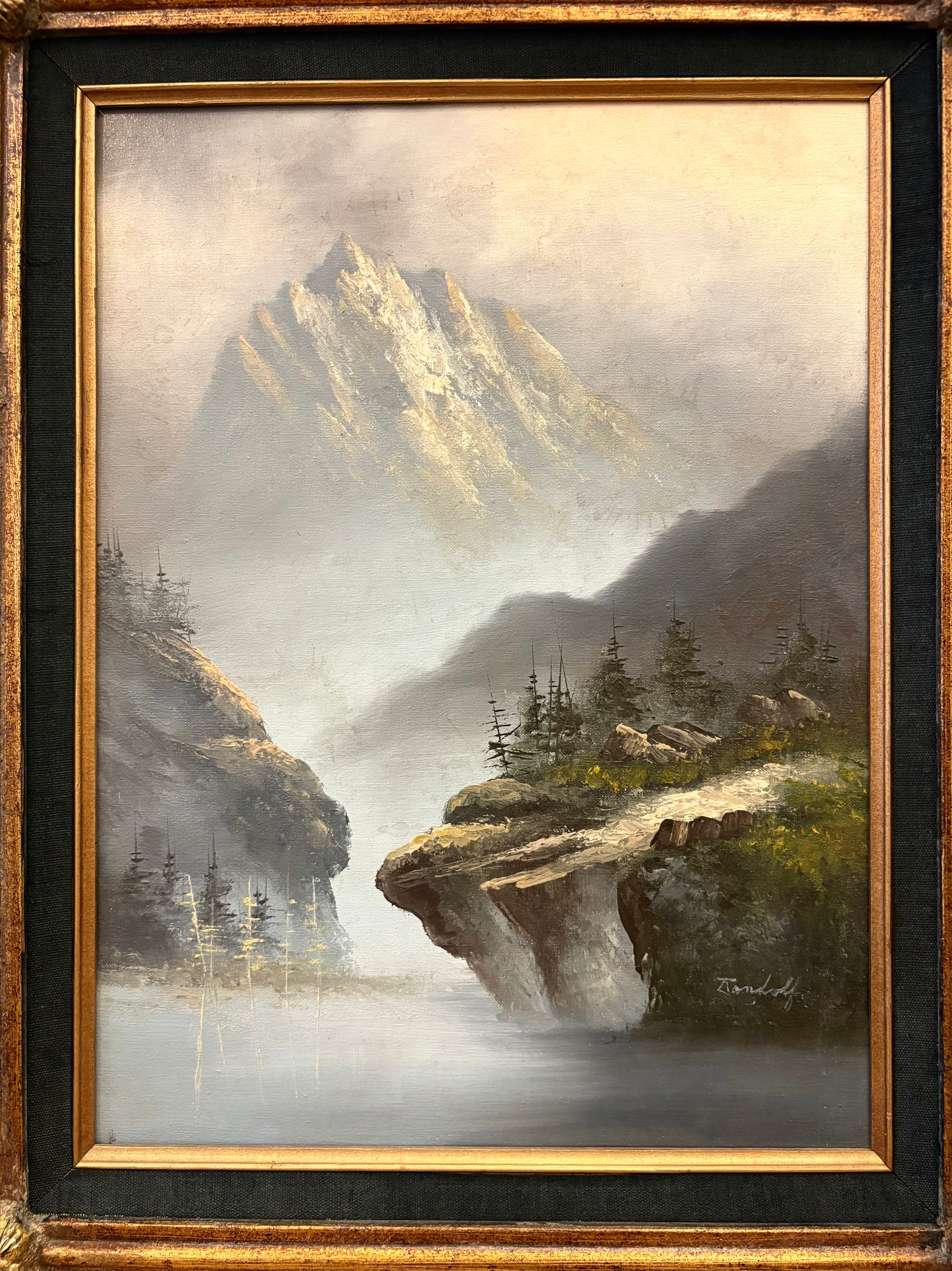 Original vintage painting on canvas, Alpine Lake, ornate gilt frame