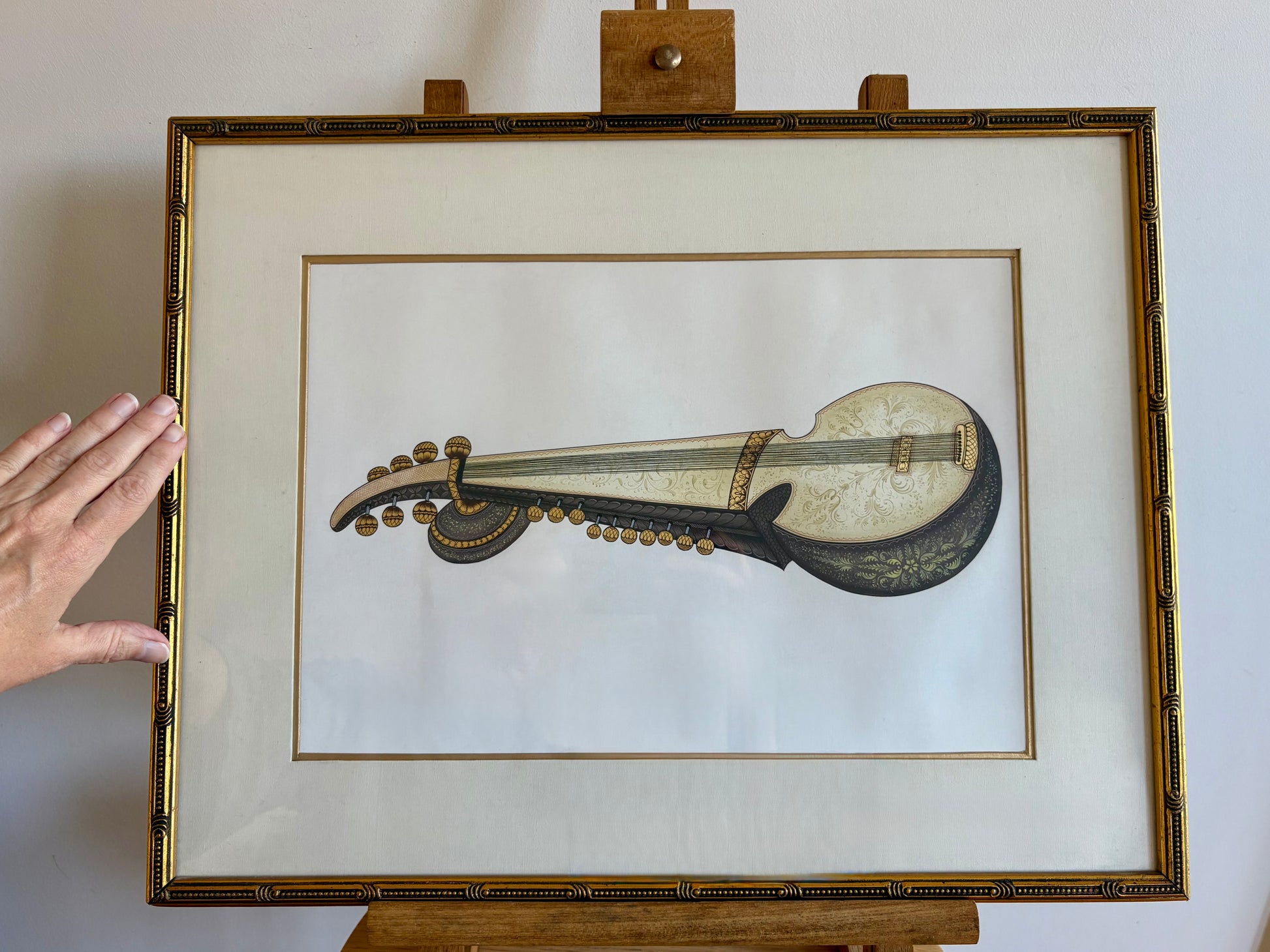 Original Indian folk art painting, Sarod musical instrument, framed art