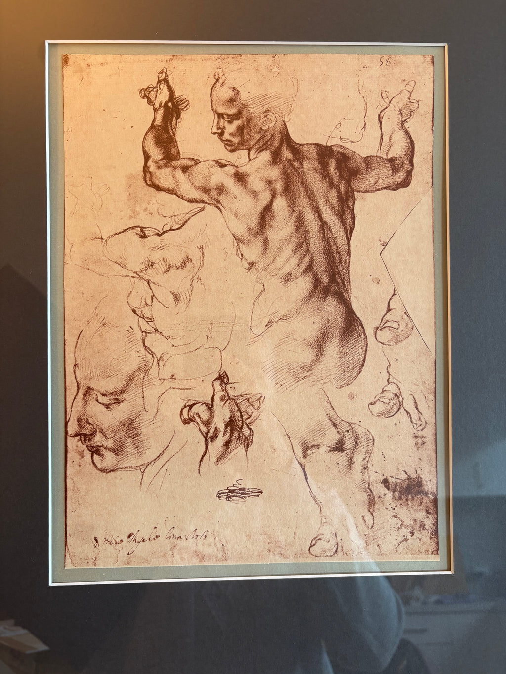 1938 print, Michelangelo "The Libyan Sibyl" (1511), framed vintage art