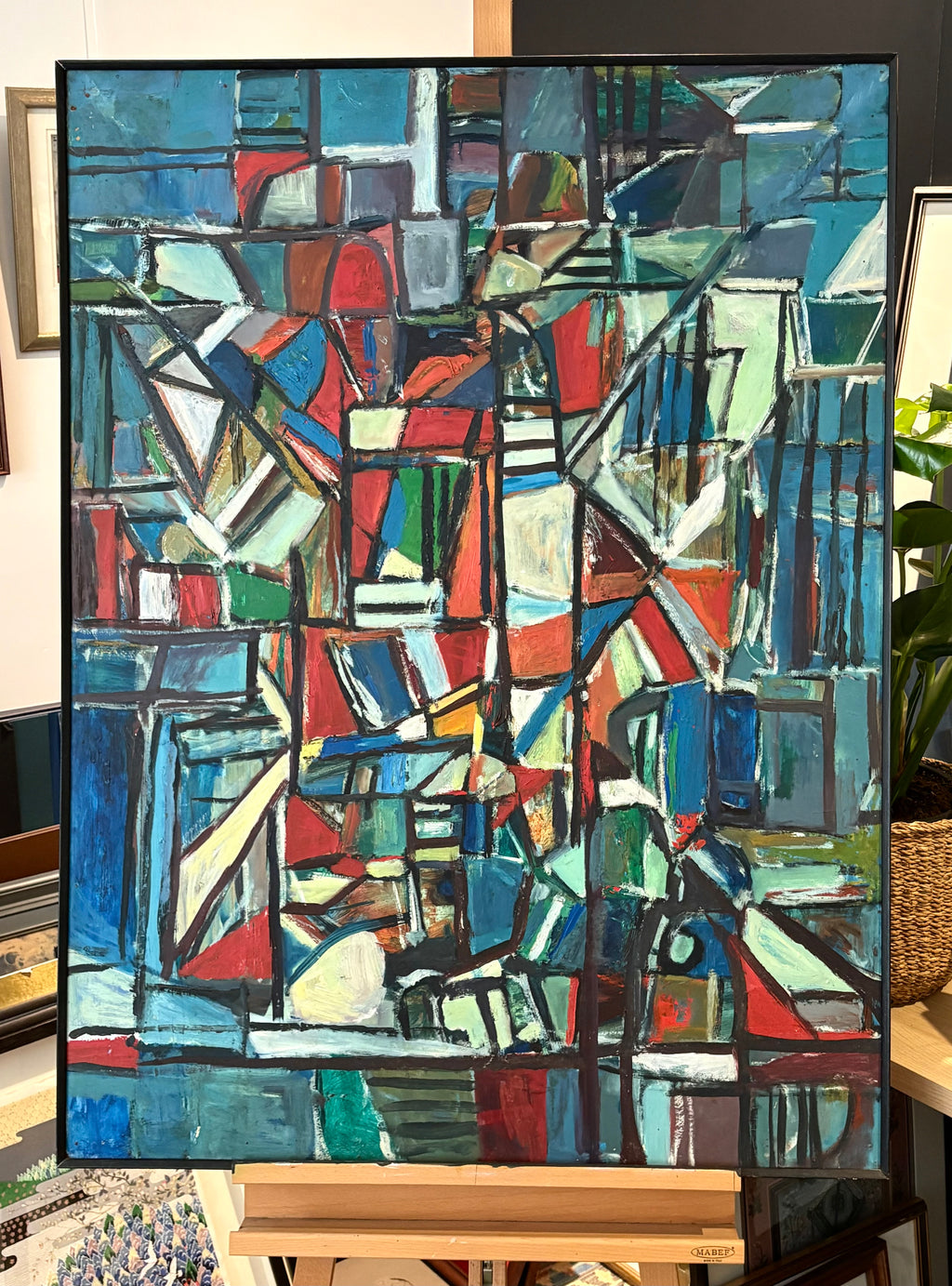 Large Mid Century original abstract Cubist painting on board, framed vintage art