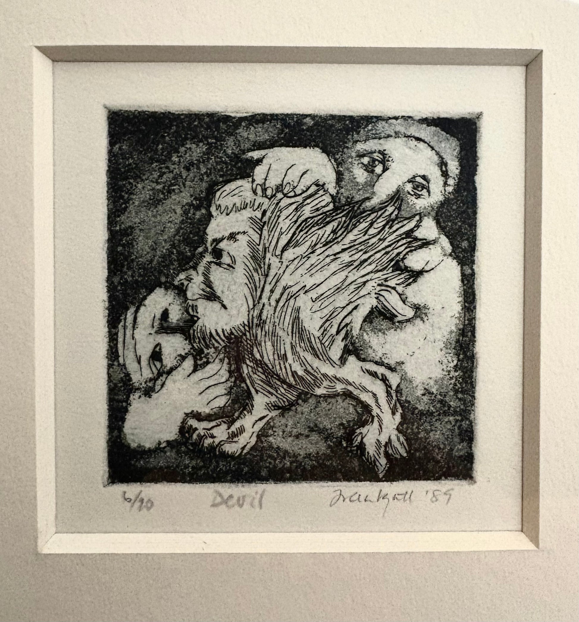 Original Etching, edition 6/20, signed, “Devil”, framed vintage art