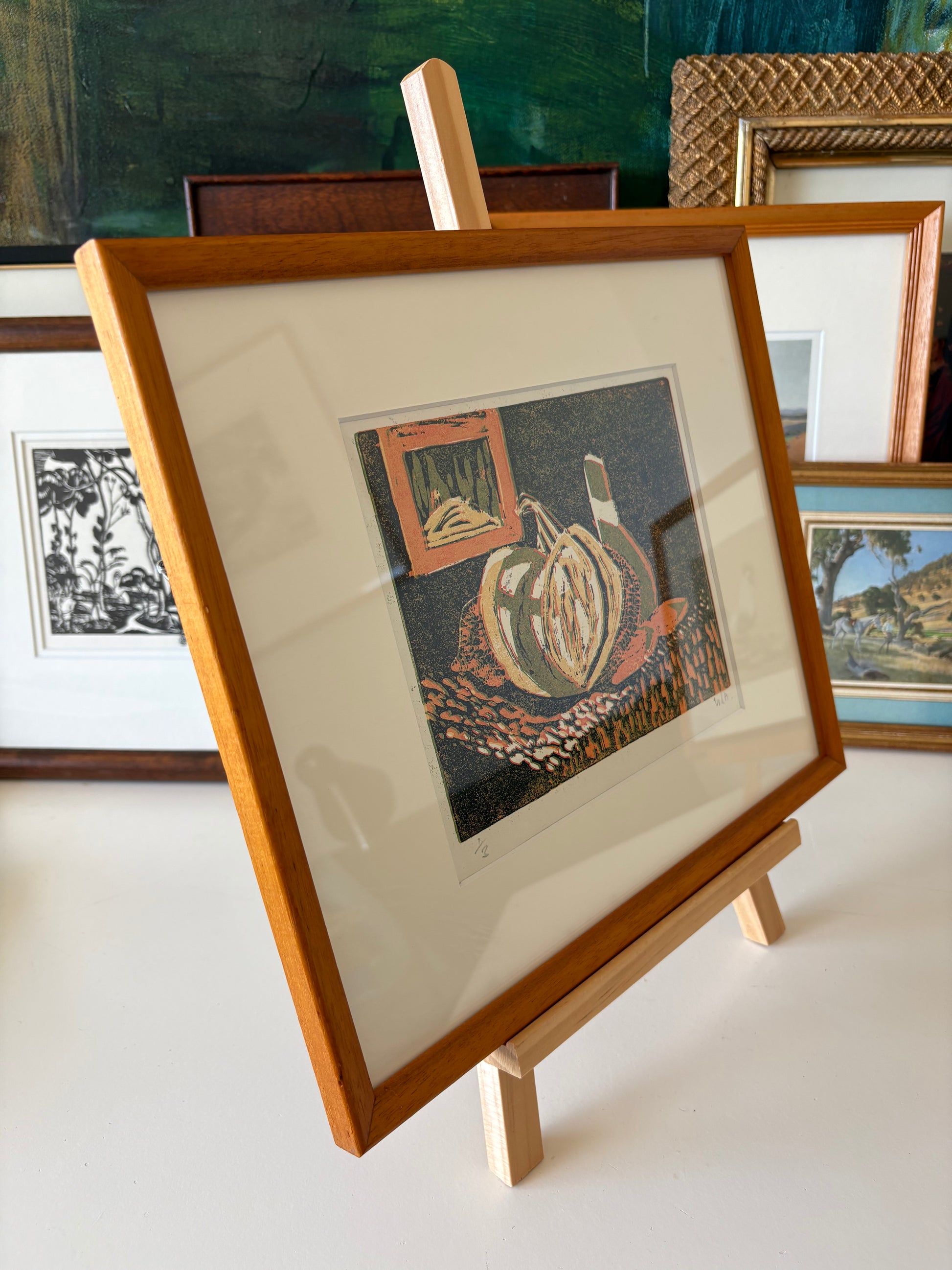 Vintage Lino print, still life, pumpkin, signed limited edition framed art