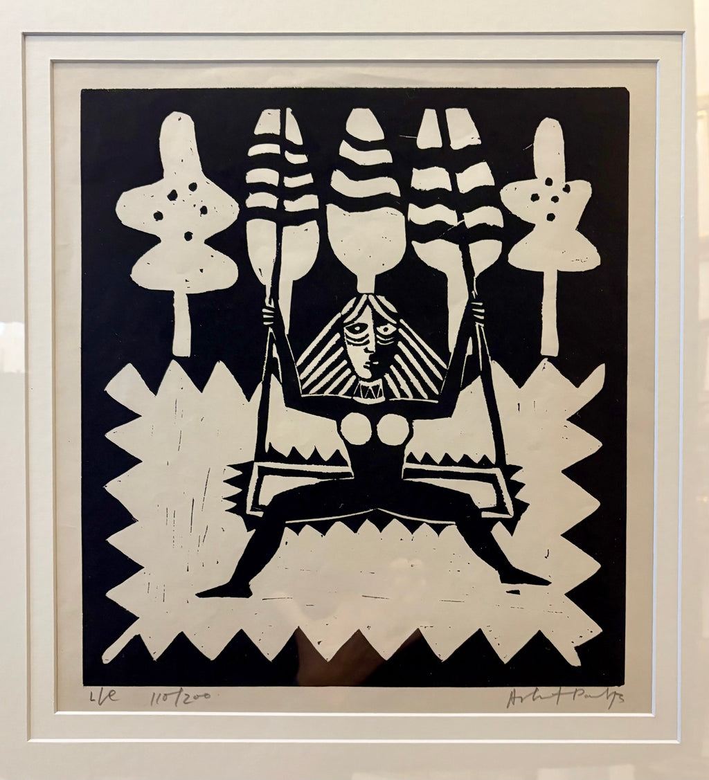 Large 1973 original linocut artwork, Ashit Paul, mythical, vintage framed art