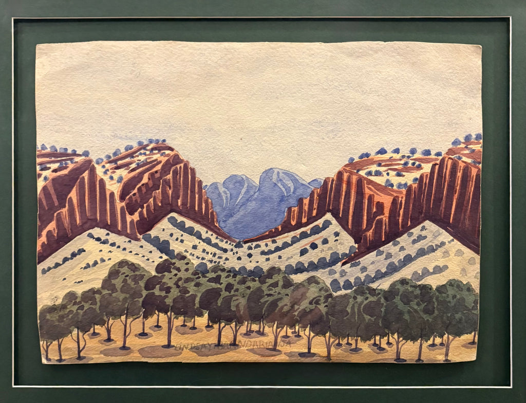 Original 1950s Hermannsberg watercolour painting, Central Australia. Framed mid century landscape