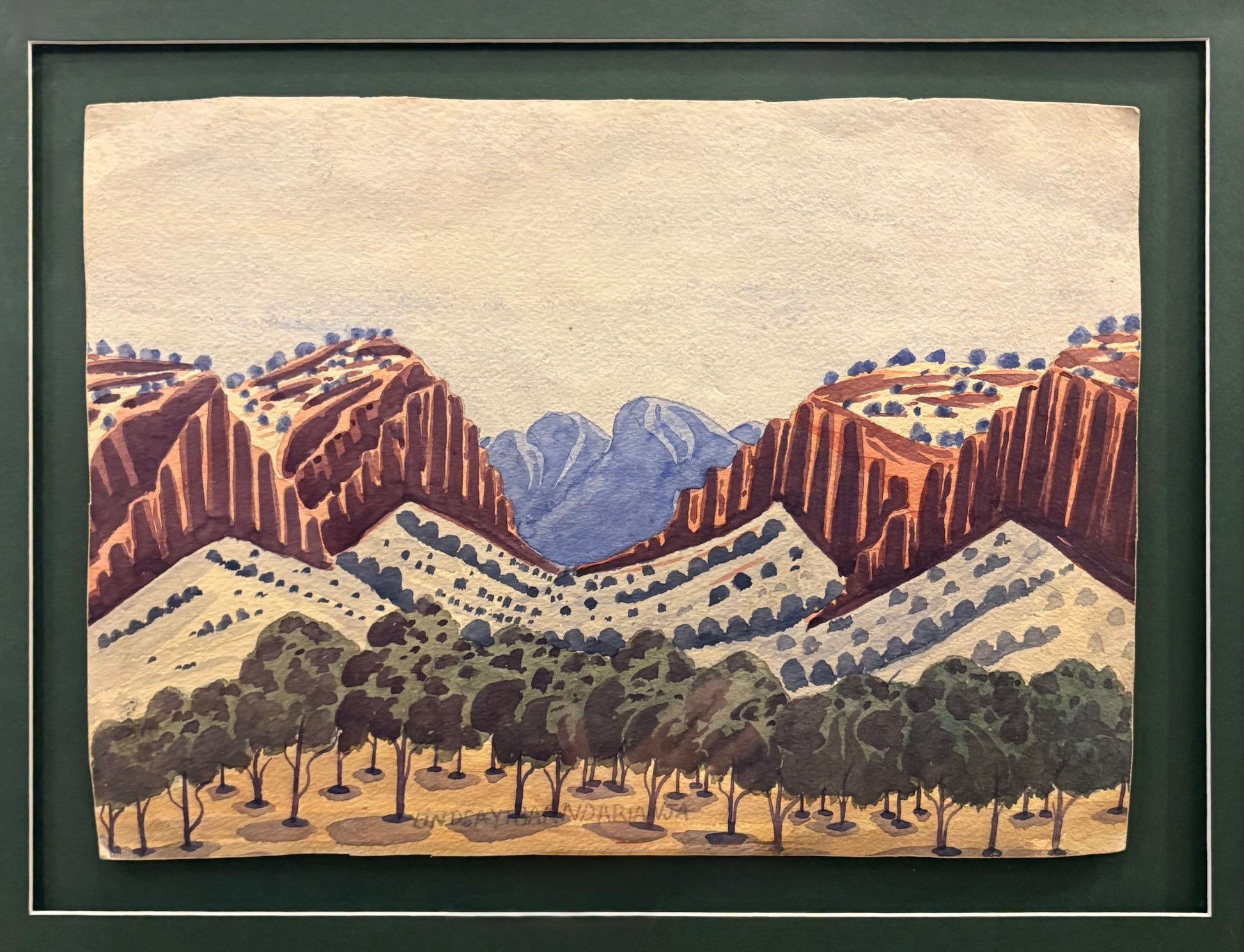 Original 1950s Hermannsberg watercolour painting, Central Australia. Framed mid century landscape