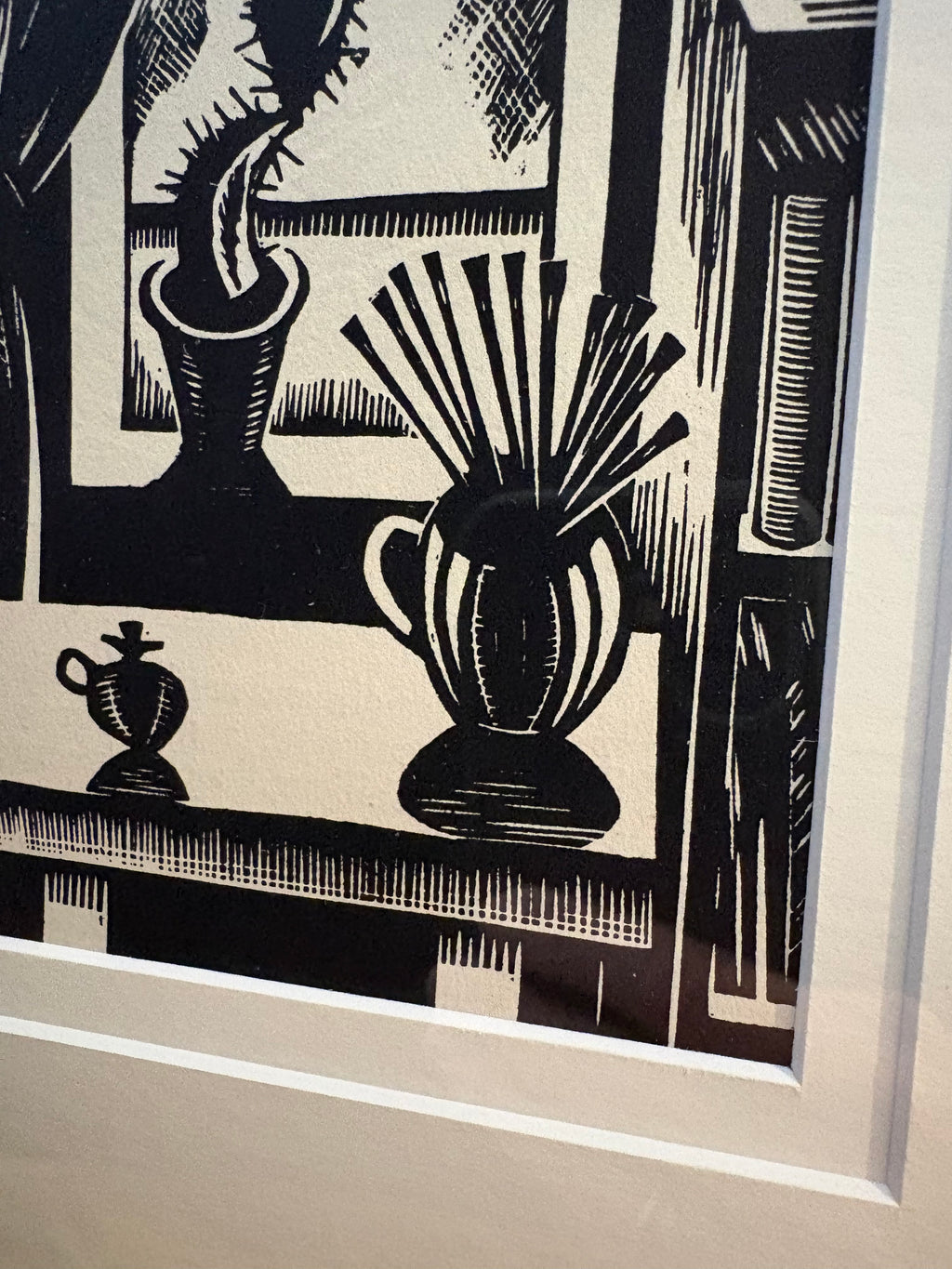 1924 print, woodblock, cactus, Edward Wadsworth, “Still Life”, framed vintage antique art