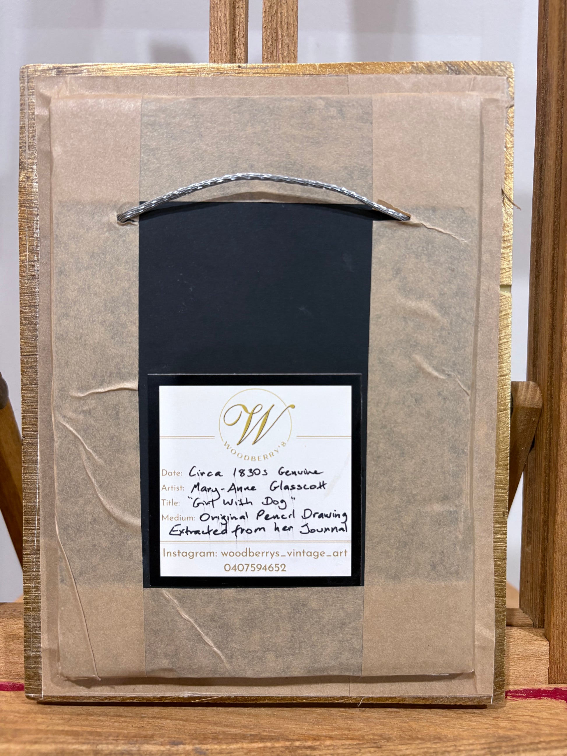 1830's Georgian original pencil drawing painting, Mary-Anne Glasscott, girl with dog