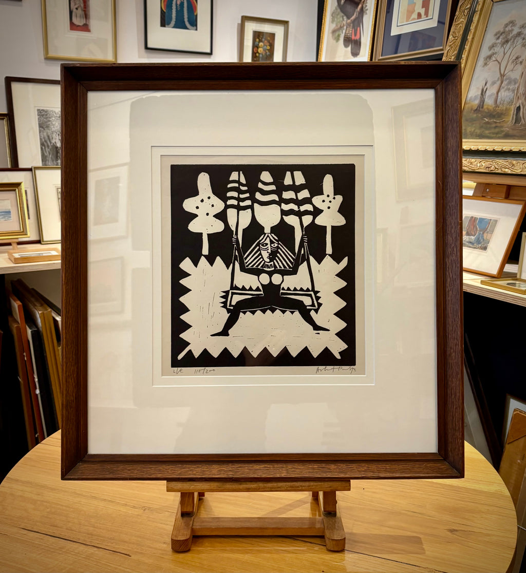 Large 1973 original linocut artwork, Ashit Paul, mythical, vintage framed art