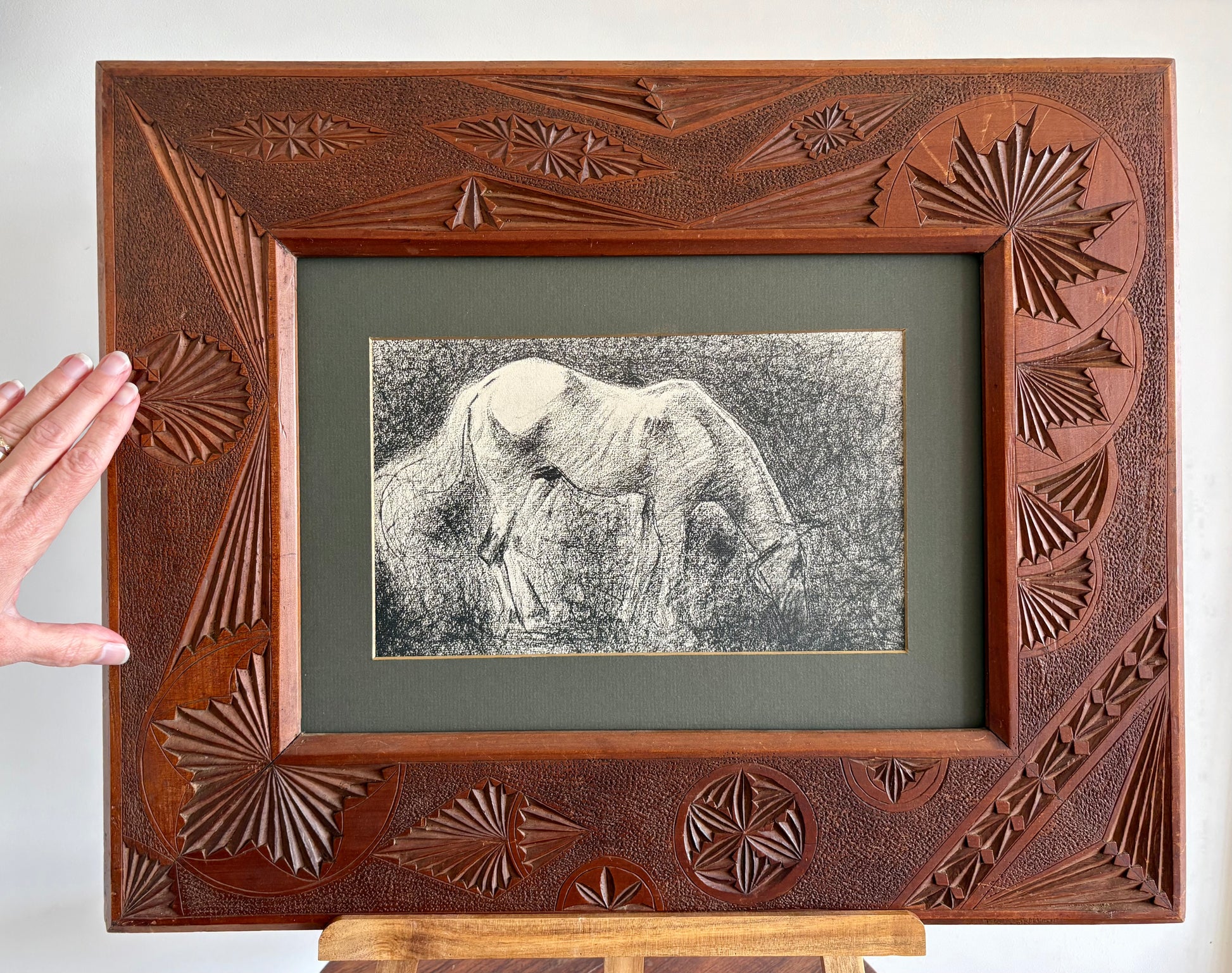 1928 Rare antique lithograph, French, Seurat, drawing, Chip frame, white horse