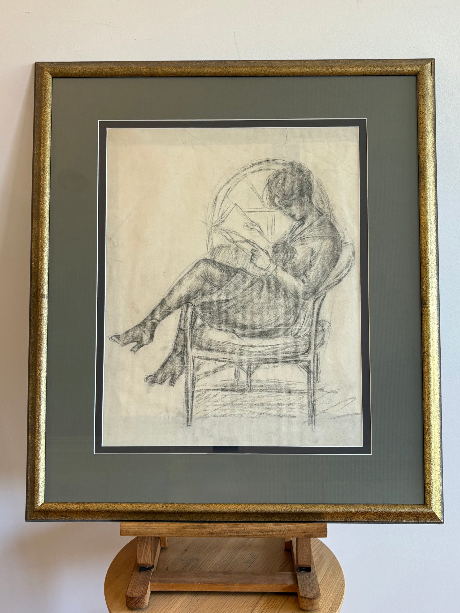 Original antique drawing, sketch, portrait, framed vintage art
