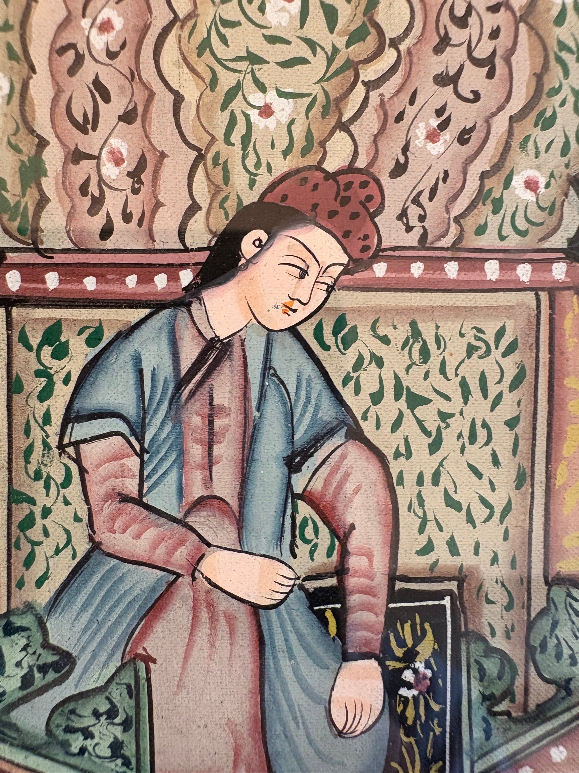 Antique Persian original painting on silk, circa 1900s, Mughal, framed art