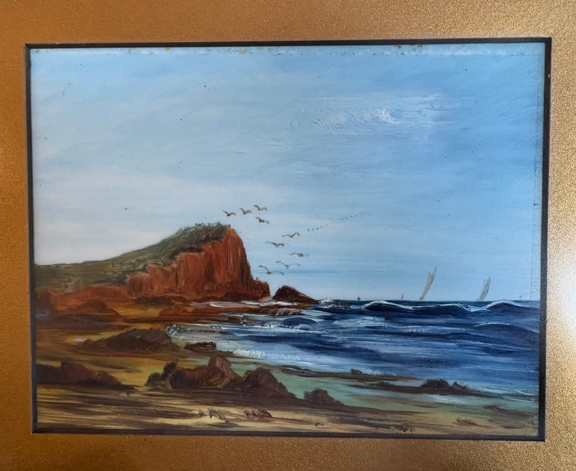 Antique original painting on white glass, coastal landscape scene, yacht, framed vintage art