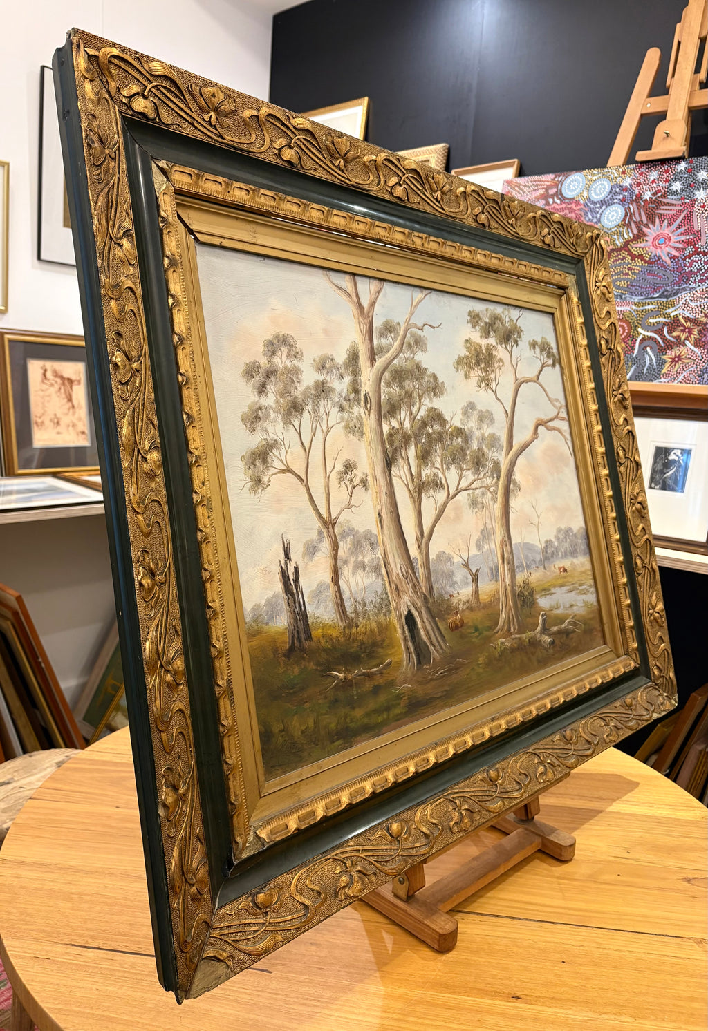 Large antique original oil painting, John Norton, Australian landscape, gilt frame