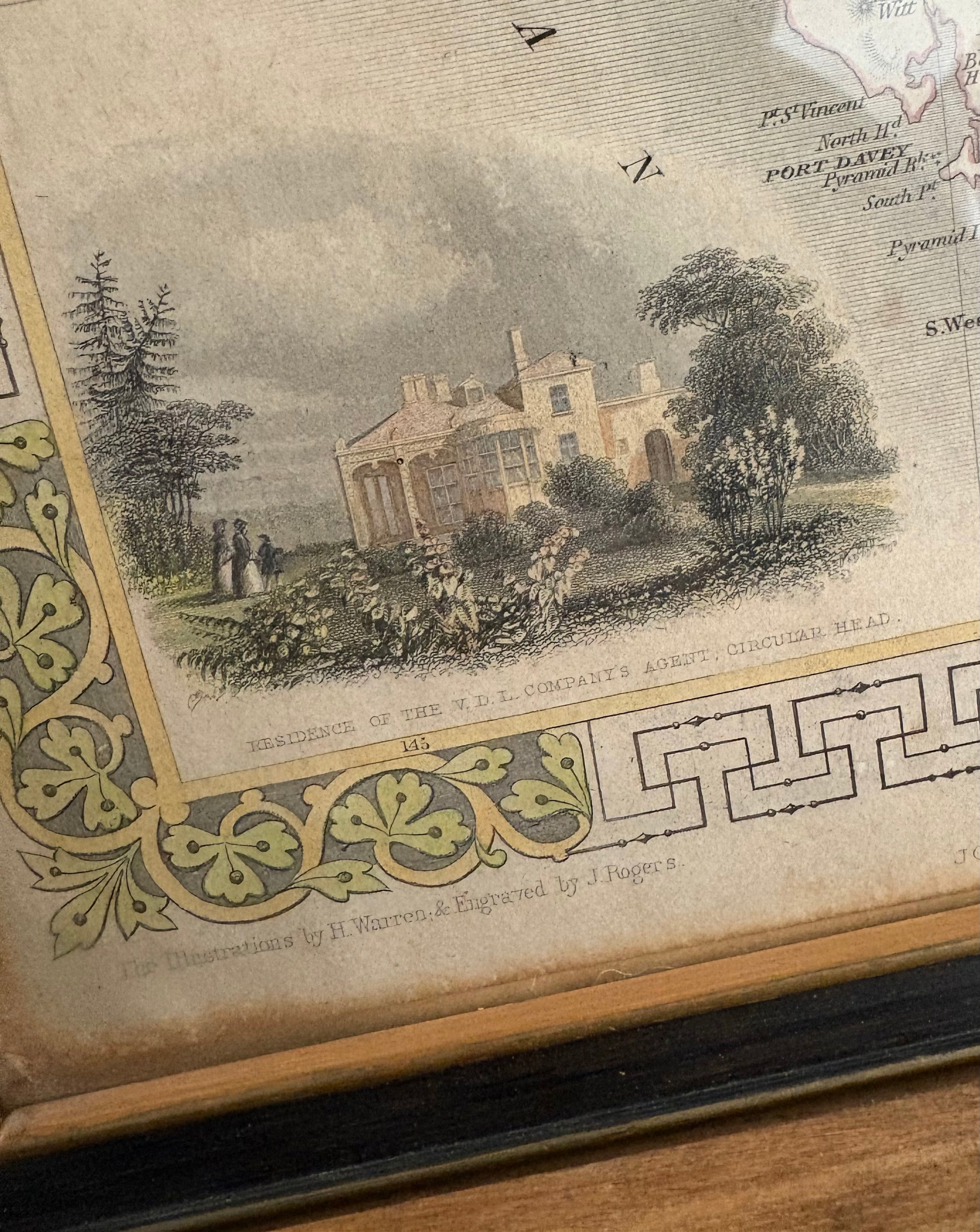 1850s antique map of Tasmania, engraved, hand coloured, Tallis, vintage framed art