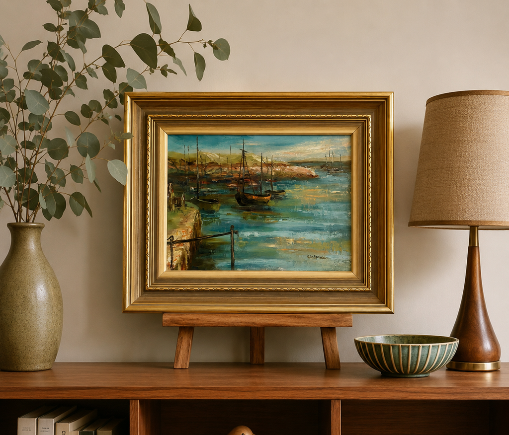 Vintage original painting, sailboats, signed framed artwork