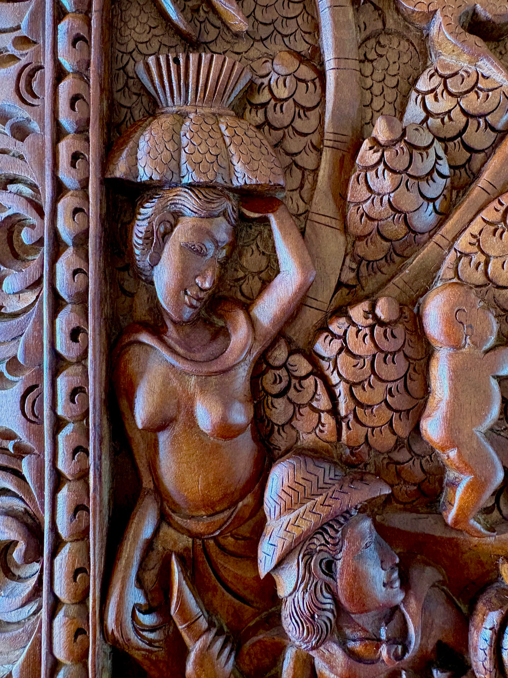 Traditional Balinese teak wood carving, harvest, vintage art