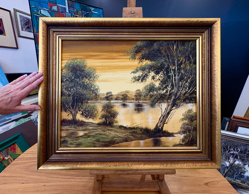 1970s original Joan Lehmann oil painting on canvas, Sunset, Australian landscape, framed art