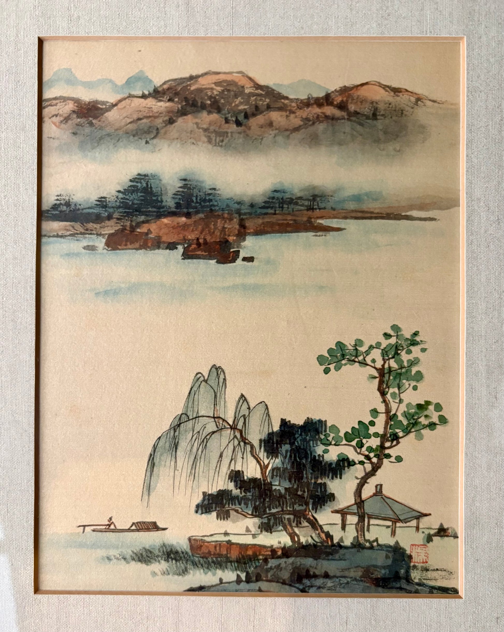 1950s vintage set of 4 Chinese original landscape paintings, framed art