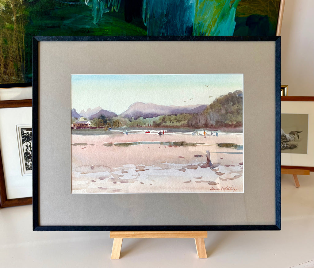 Mid Century original watercolour painting, Dermont Hellier, Australian beach, framed art