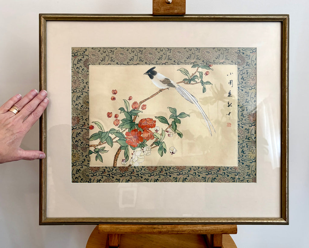 Vintage original Asian painting on silk, bird, flowers, framed art