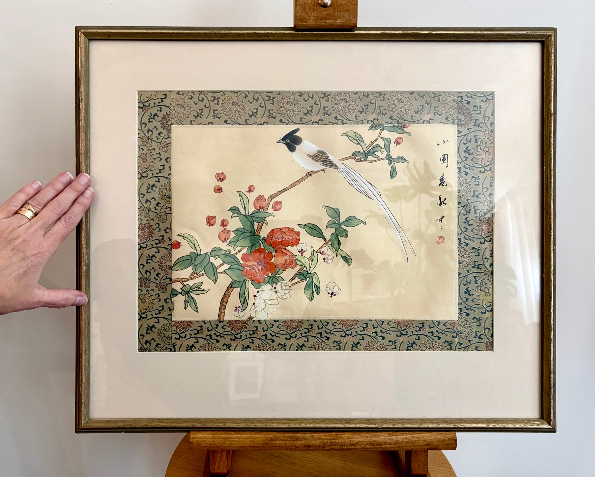 Vintage original Asian painting on silk, bird, flowers, framed art