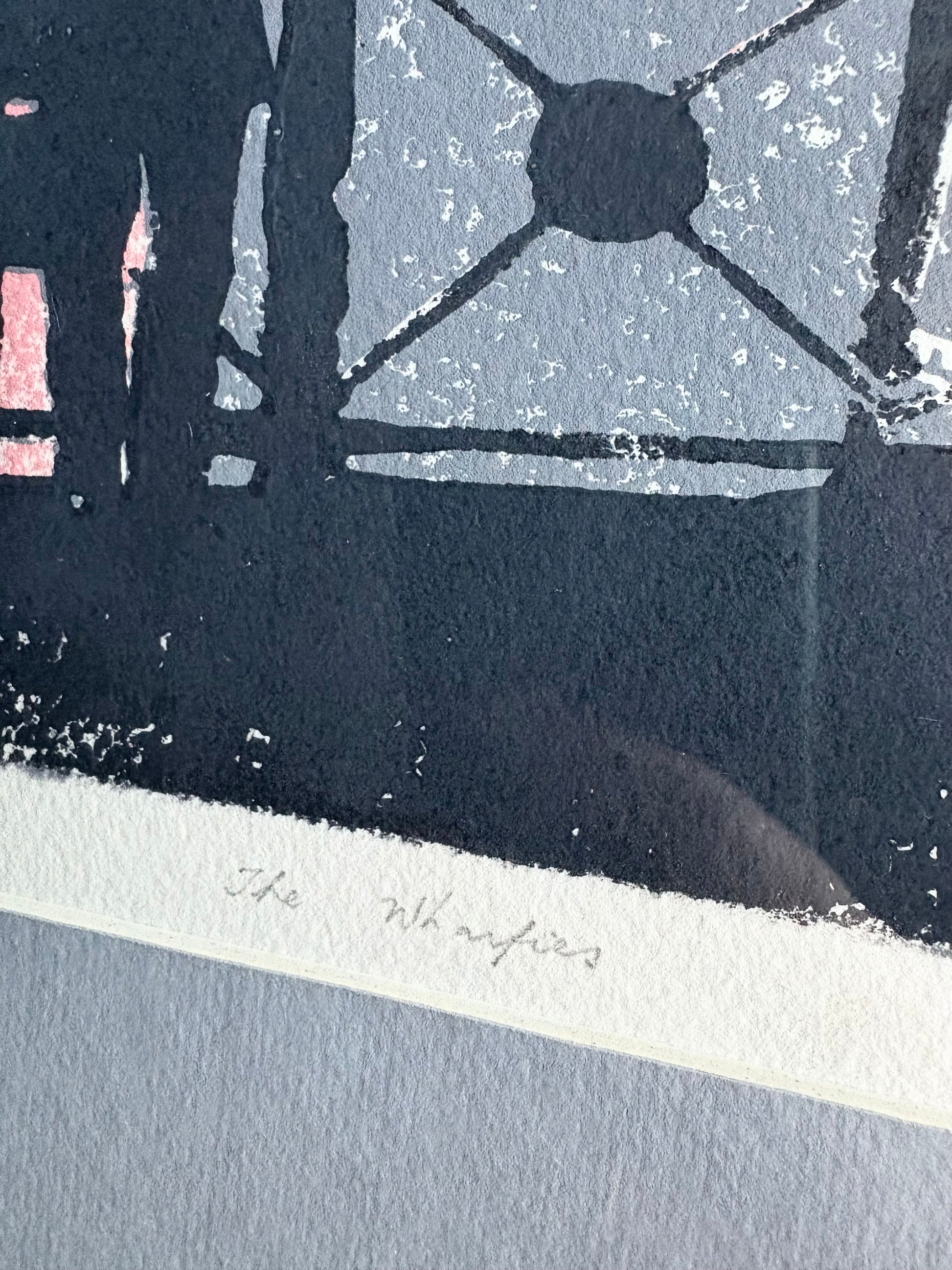 Original vintage lino print, signed R. Wilson, 1987, "The Wharfies", editioned 1/10, retro