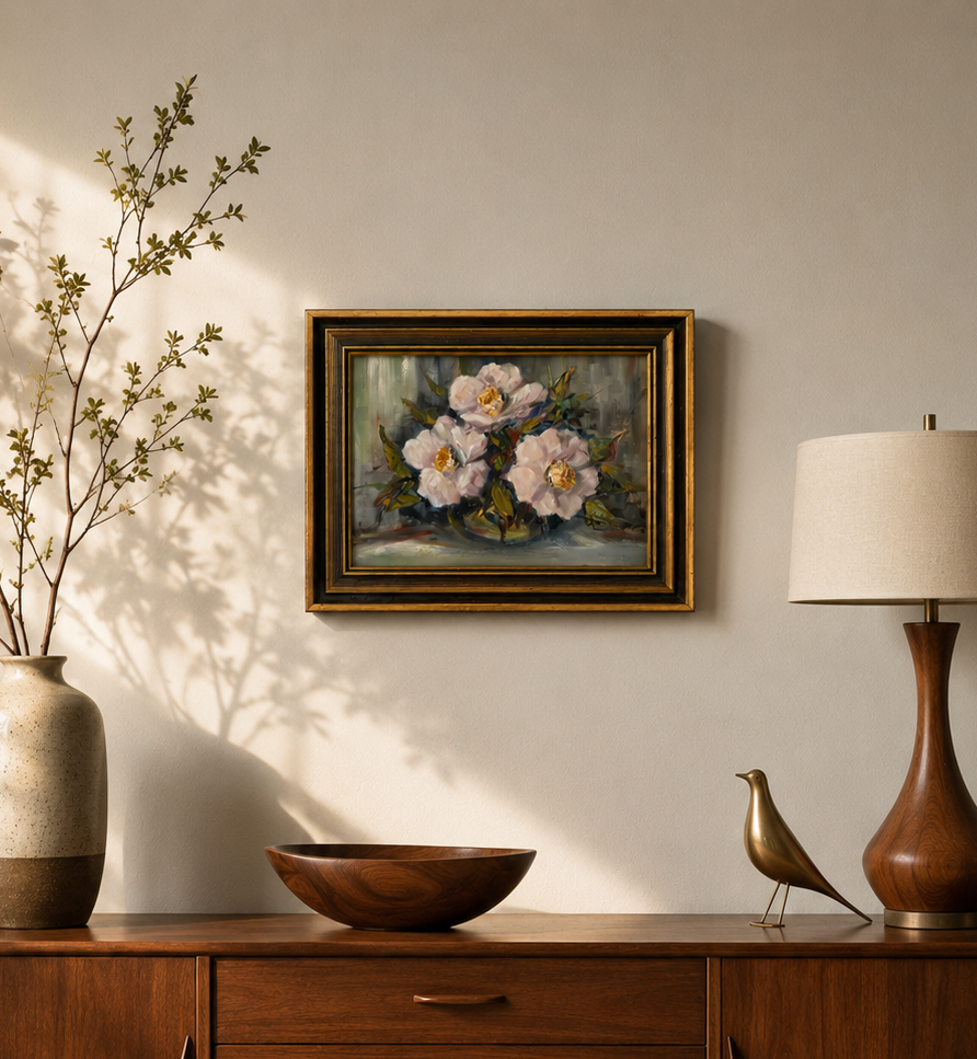 Vintage original painting, camelia flowers, signed framed artwork