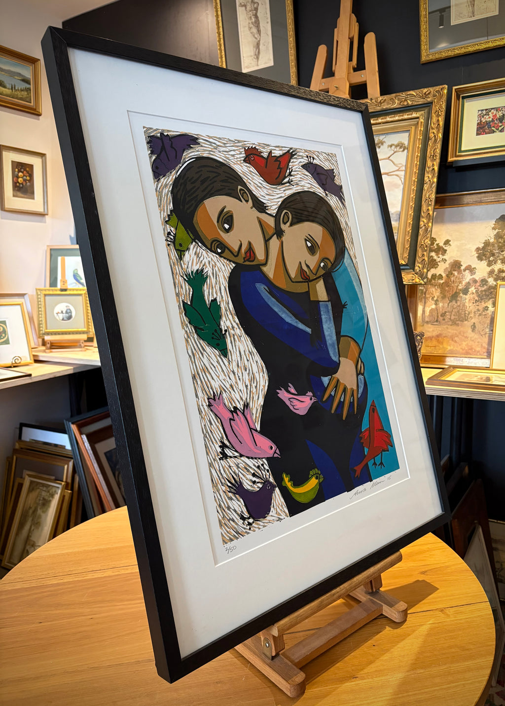 Large original linocut print, Anita Klein, The Birds and the Grandchild, framed art