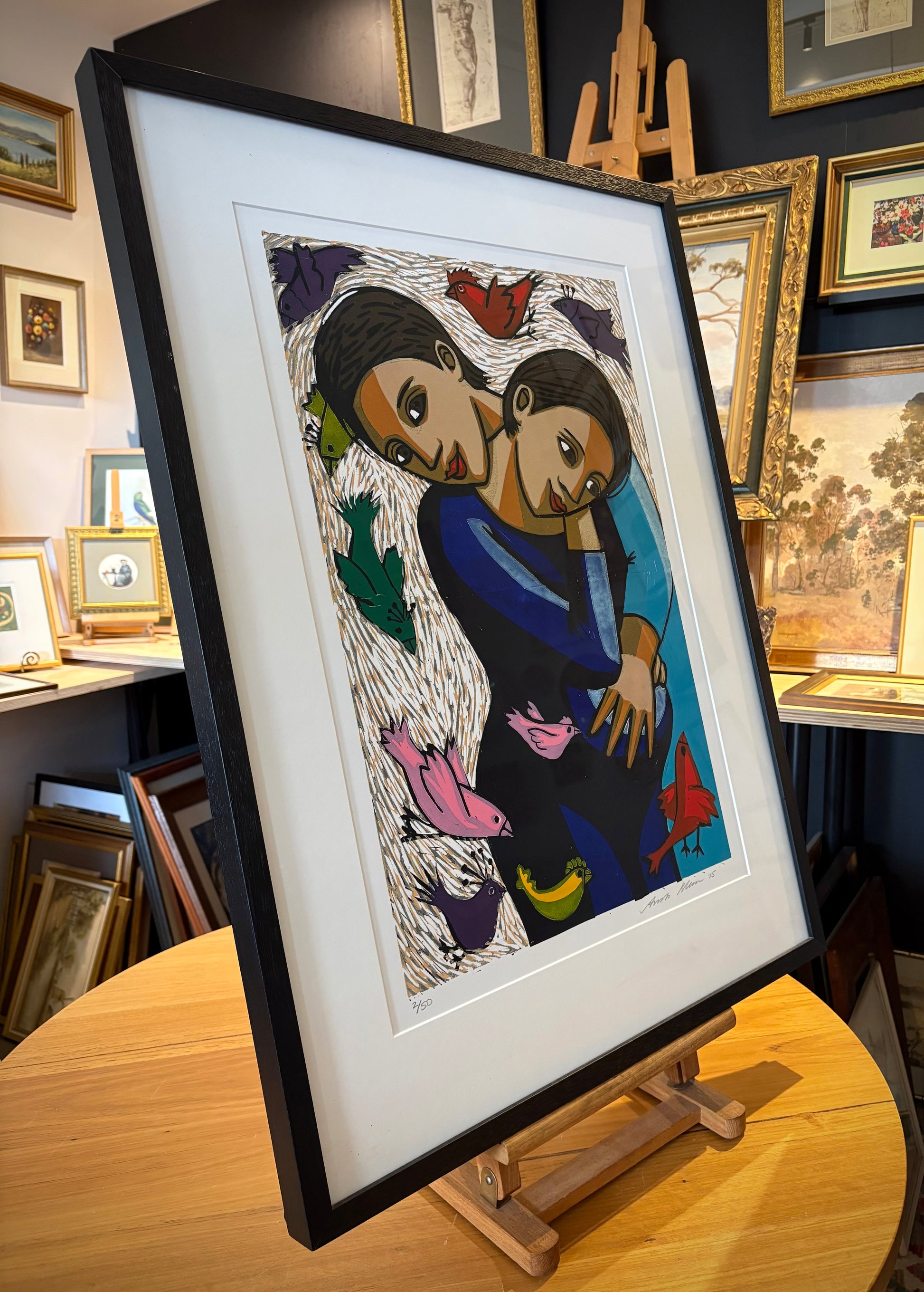 Large original linocut print, Anita Klein, The Birds and the Grandchild, framed art