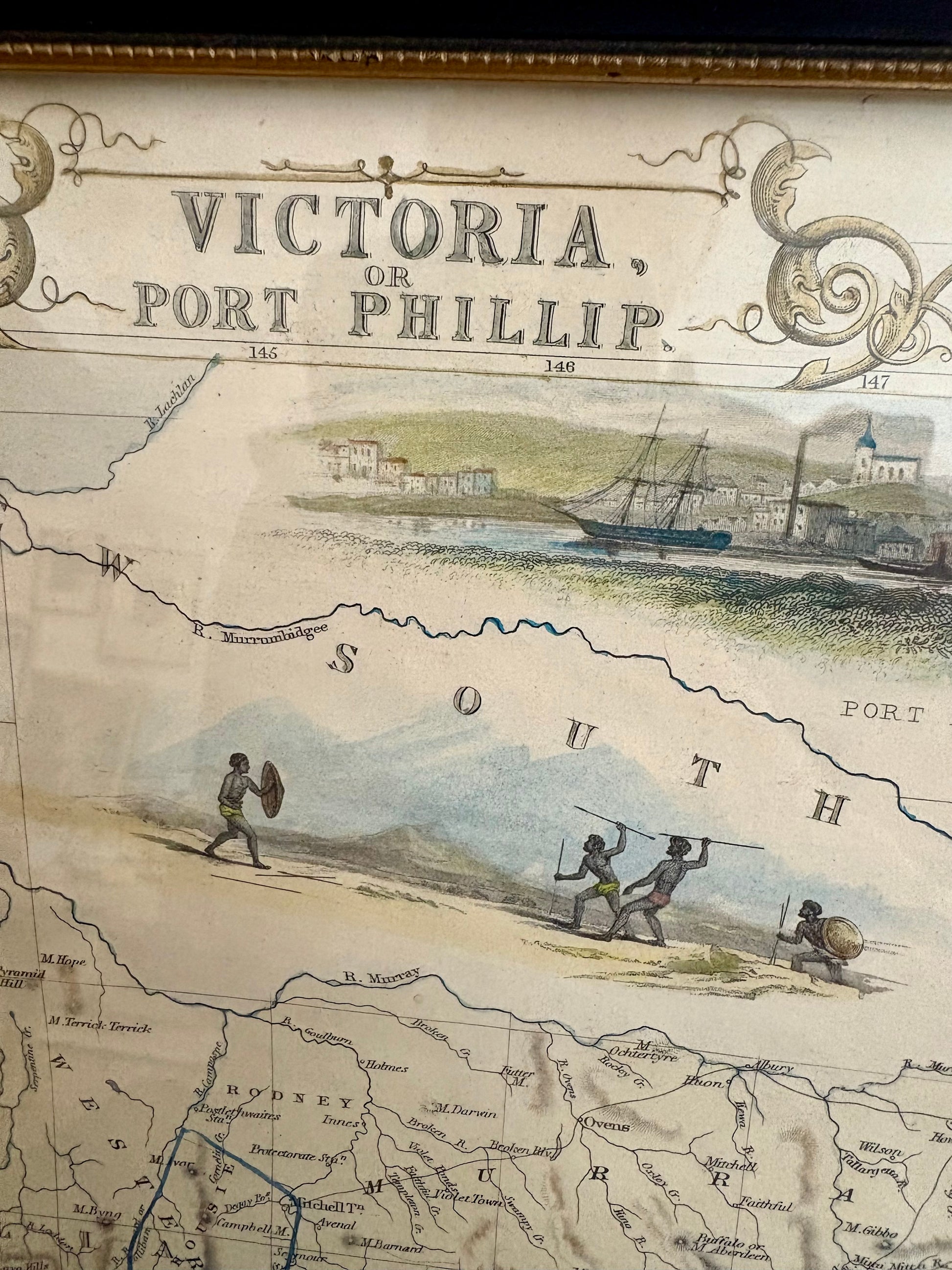 1851 antique map of Victoria, engraved, hand coloured, Tallis, vintage framed art