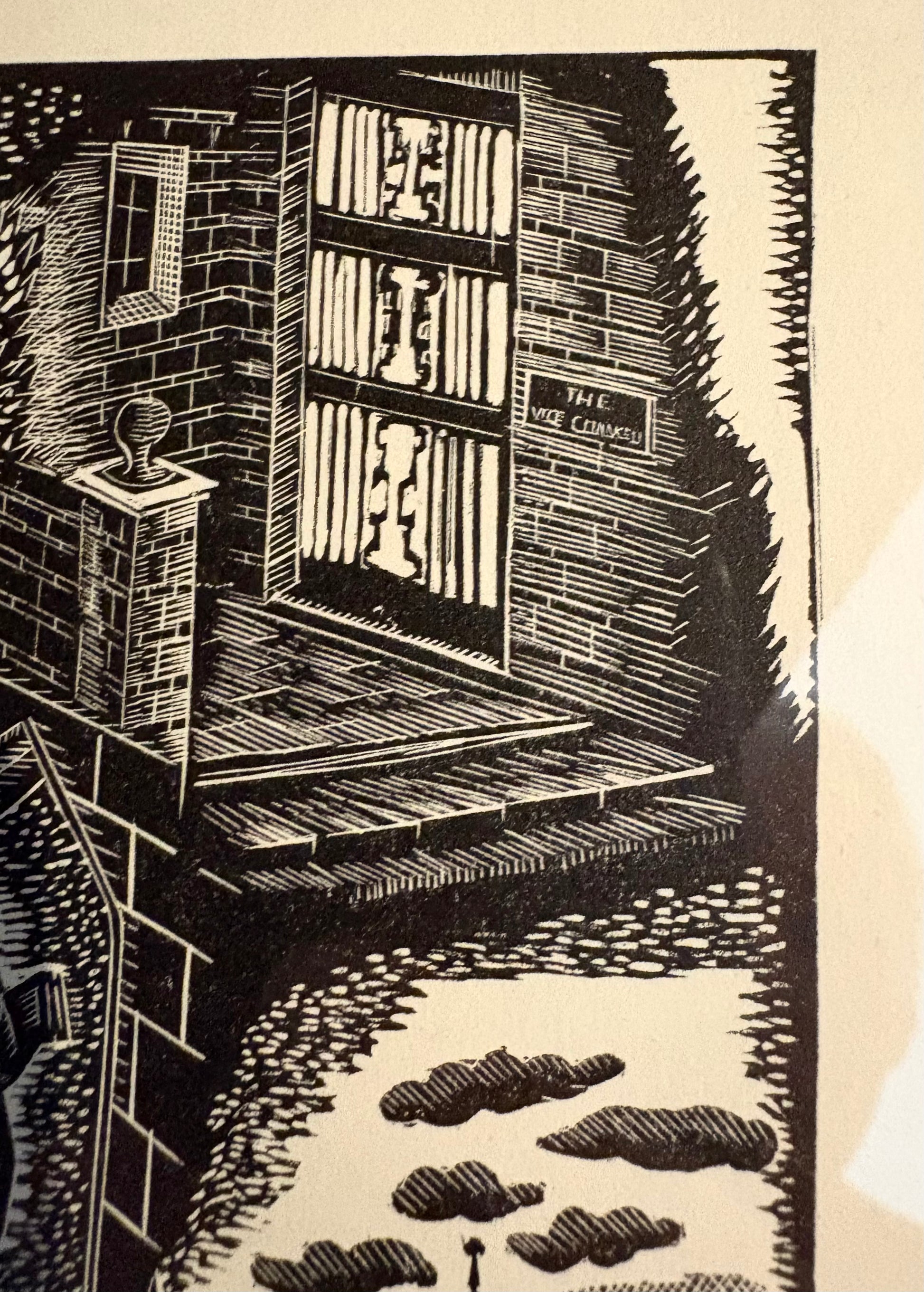 Original Helen Ogilvie woodblock print "Melbourne University", framed art, Architecture, Australian artwork