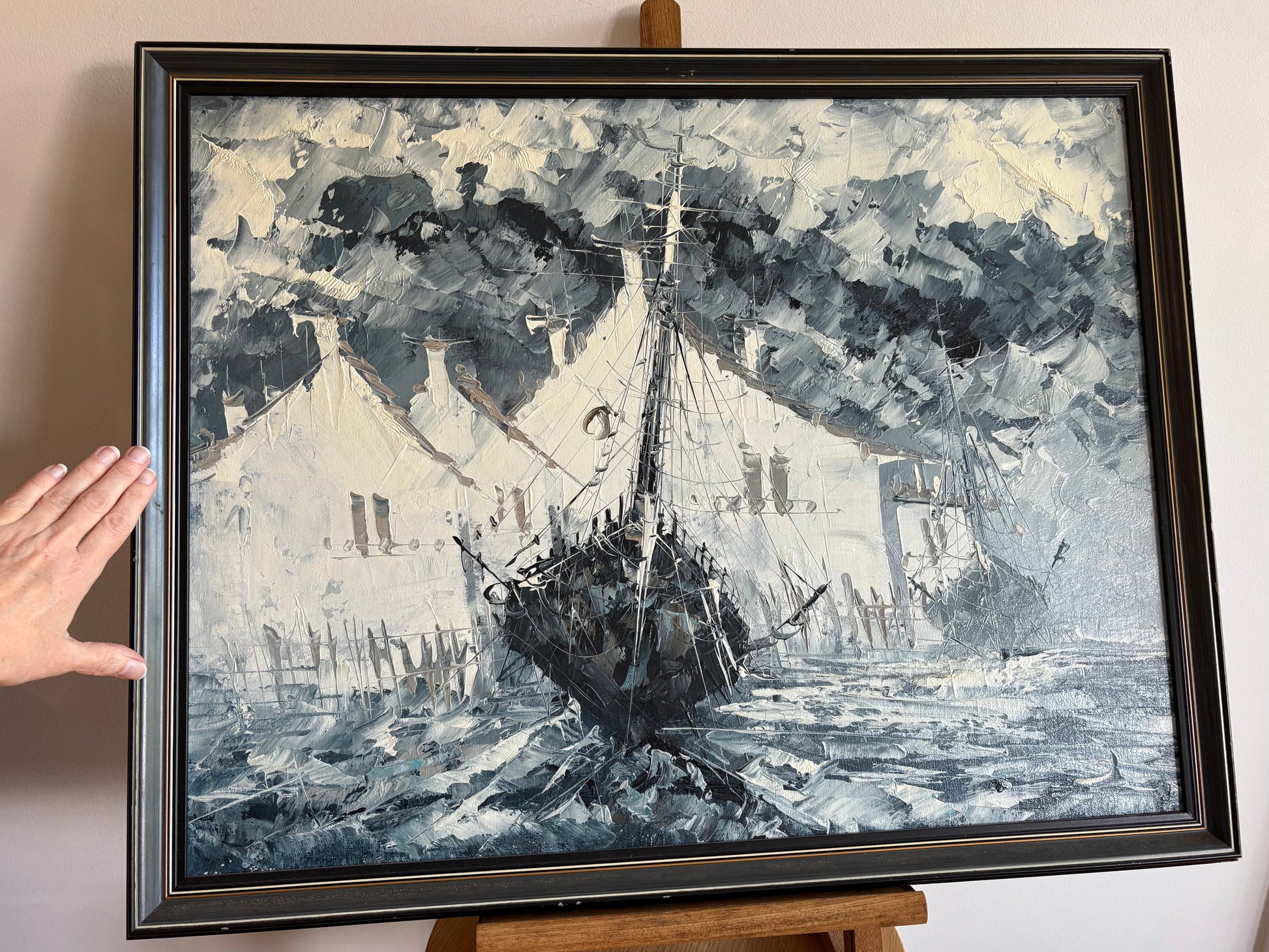 Mid century original oil painting on board, harbour, boats, vintage framed art