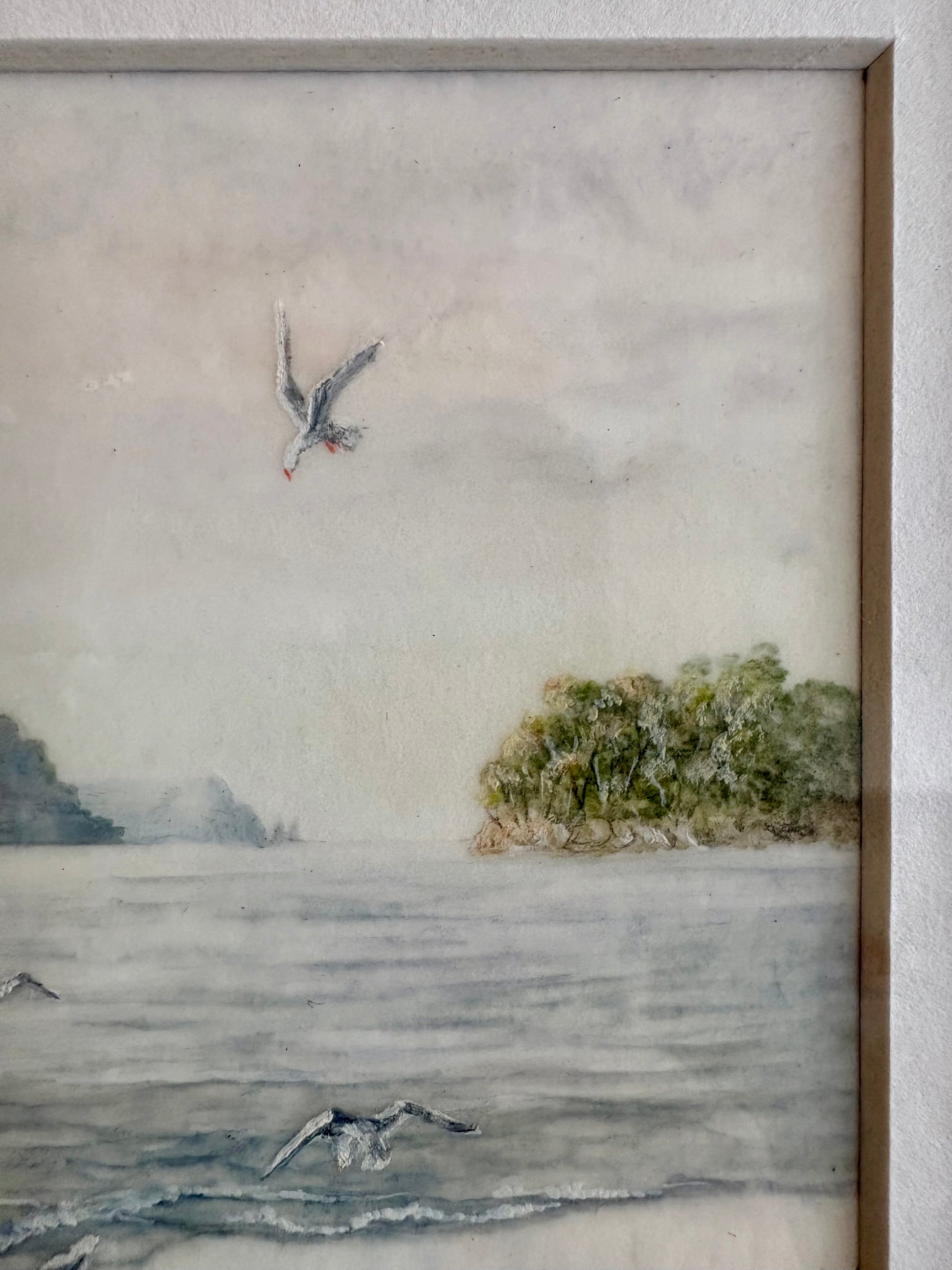 Original Jim Stagg miniature painting, seaside with seagulls, Surrealism, vintage framed art