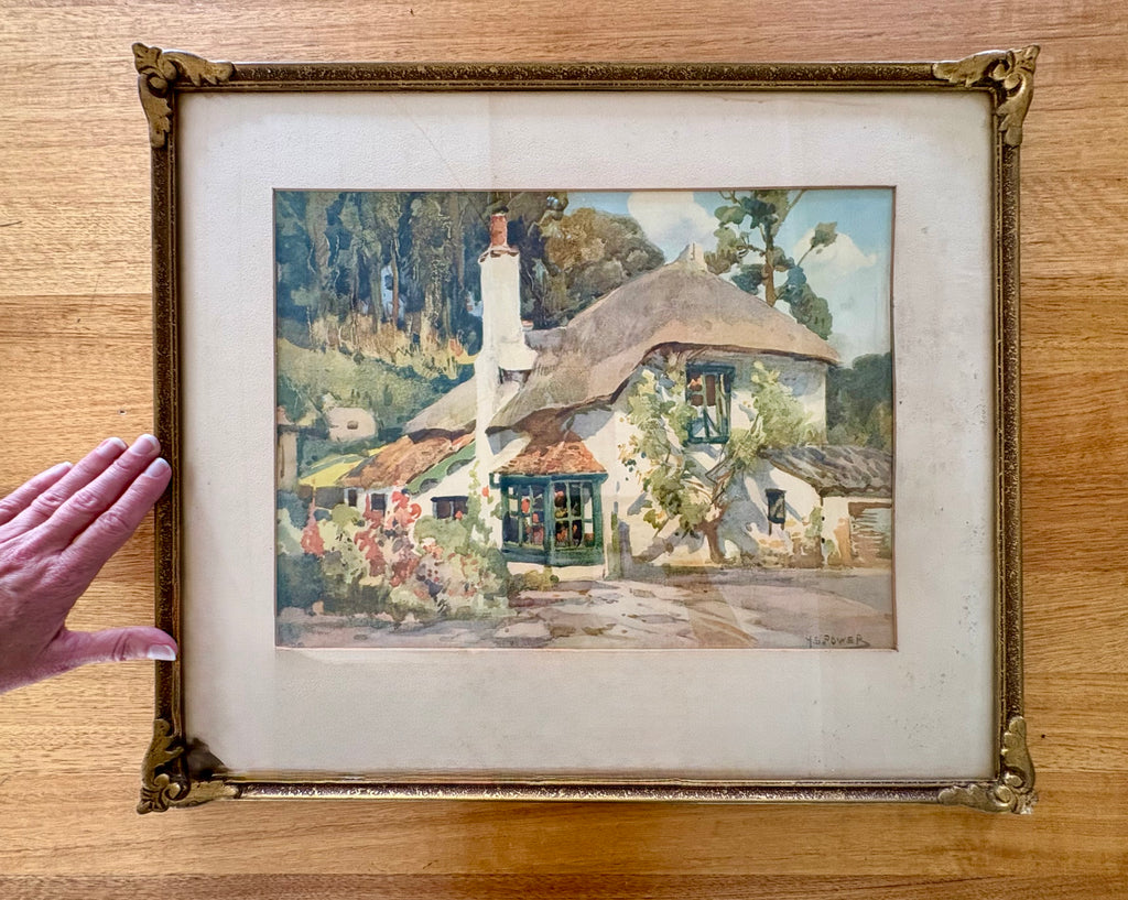 Mid Century print, cottage, Harold Power, gilt frame